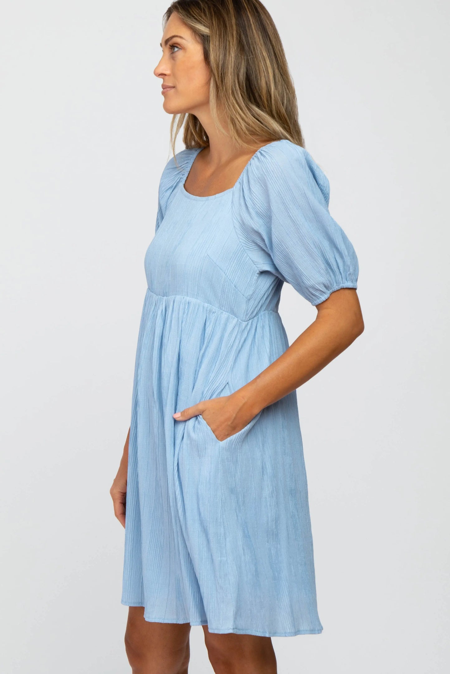 Light Blue Puff Sleeve Textured Dress with Side Pockets and Squared Neckline PinkBlush