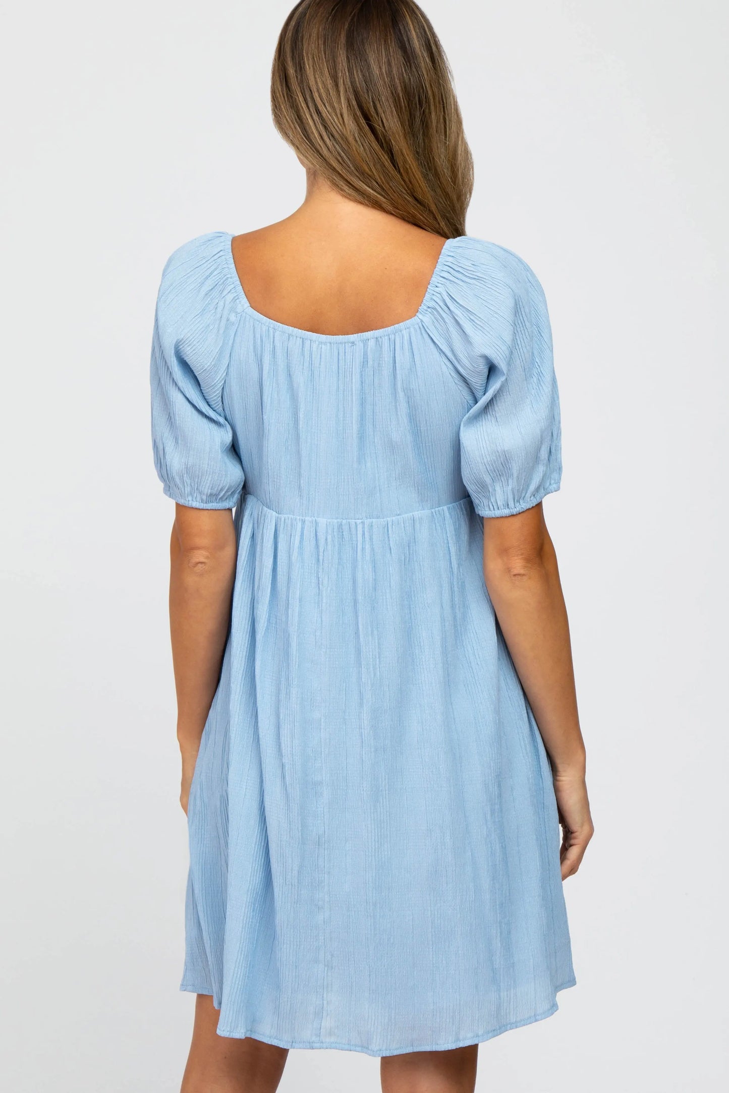 Light Blue Puff Sleeve Textured Dress with Side Pockets and Squared Neckline PinkBlush