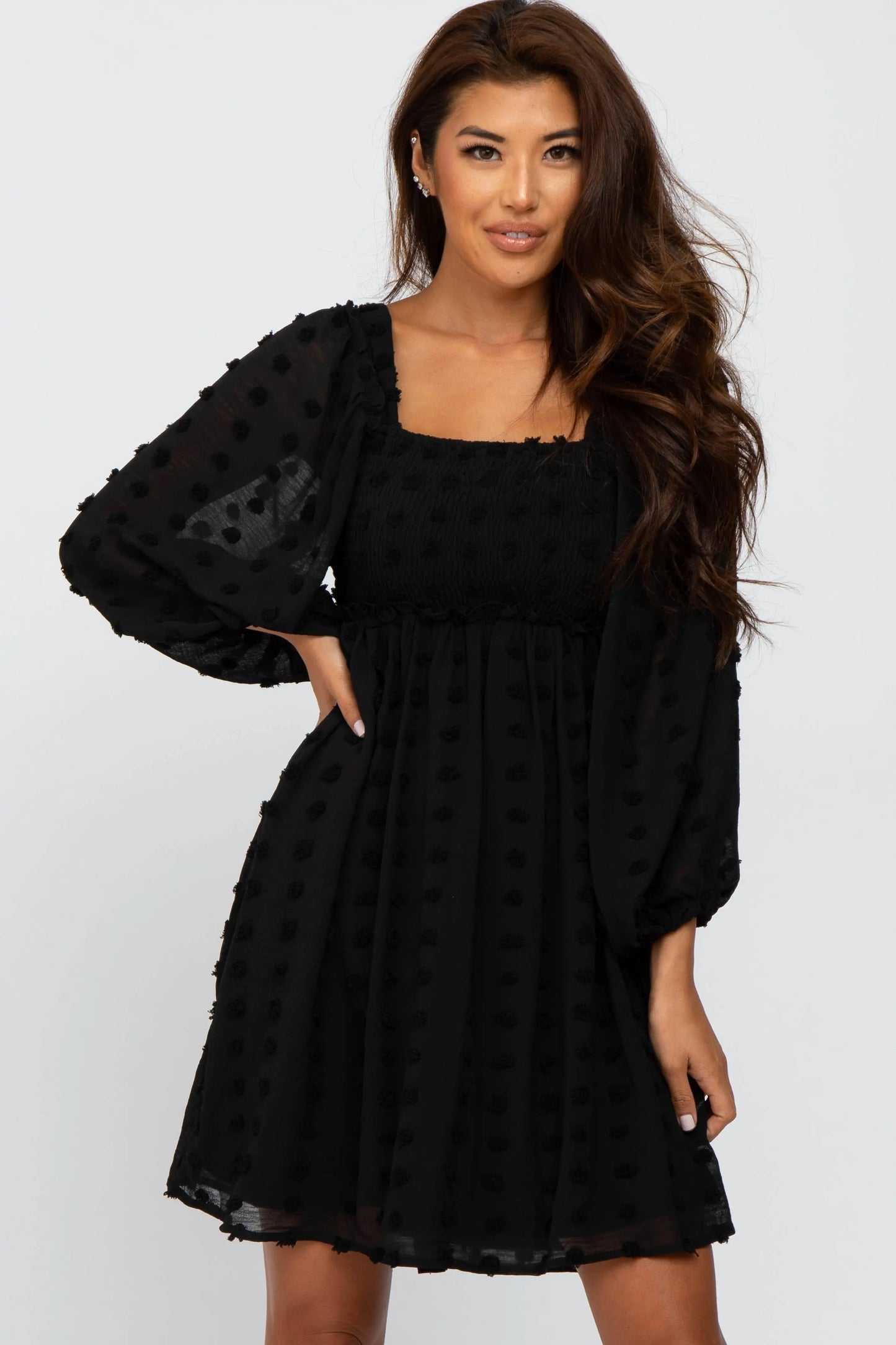Black Textured Dot Smocked Square Neck Chiffon Dress with Ruffle Sleeves PinkBlush