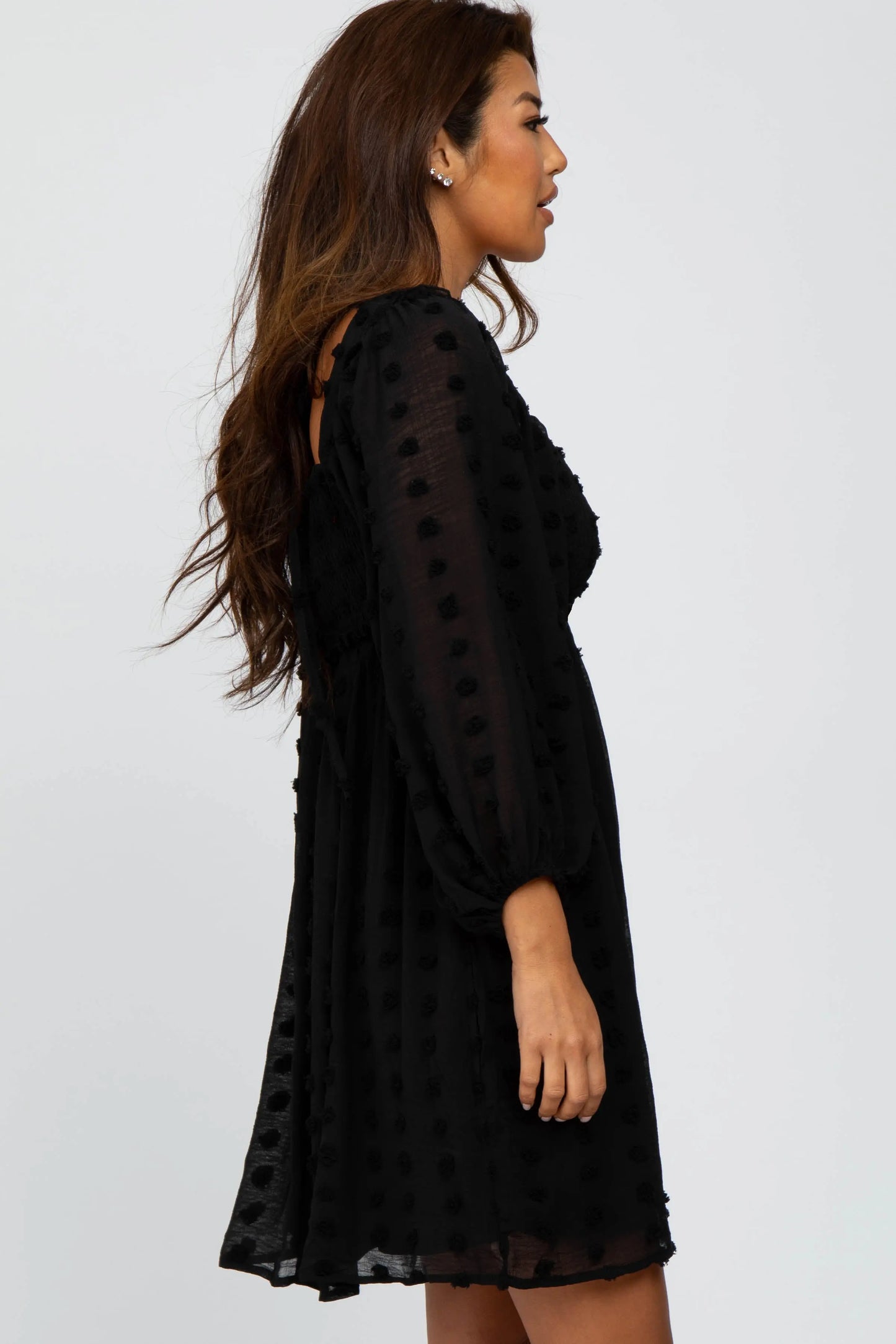 Black Textured Dot Smocked Square Neck Chiffon Dress with Ruffle Sleeves PinkBlush