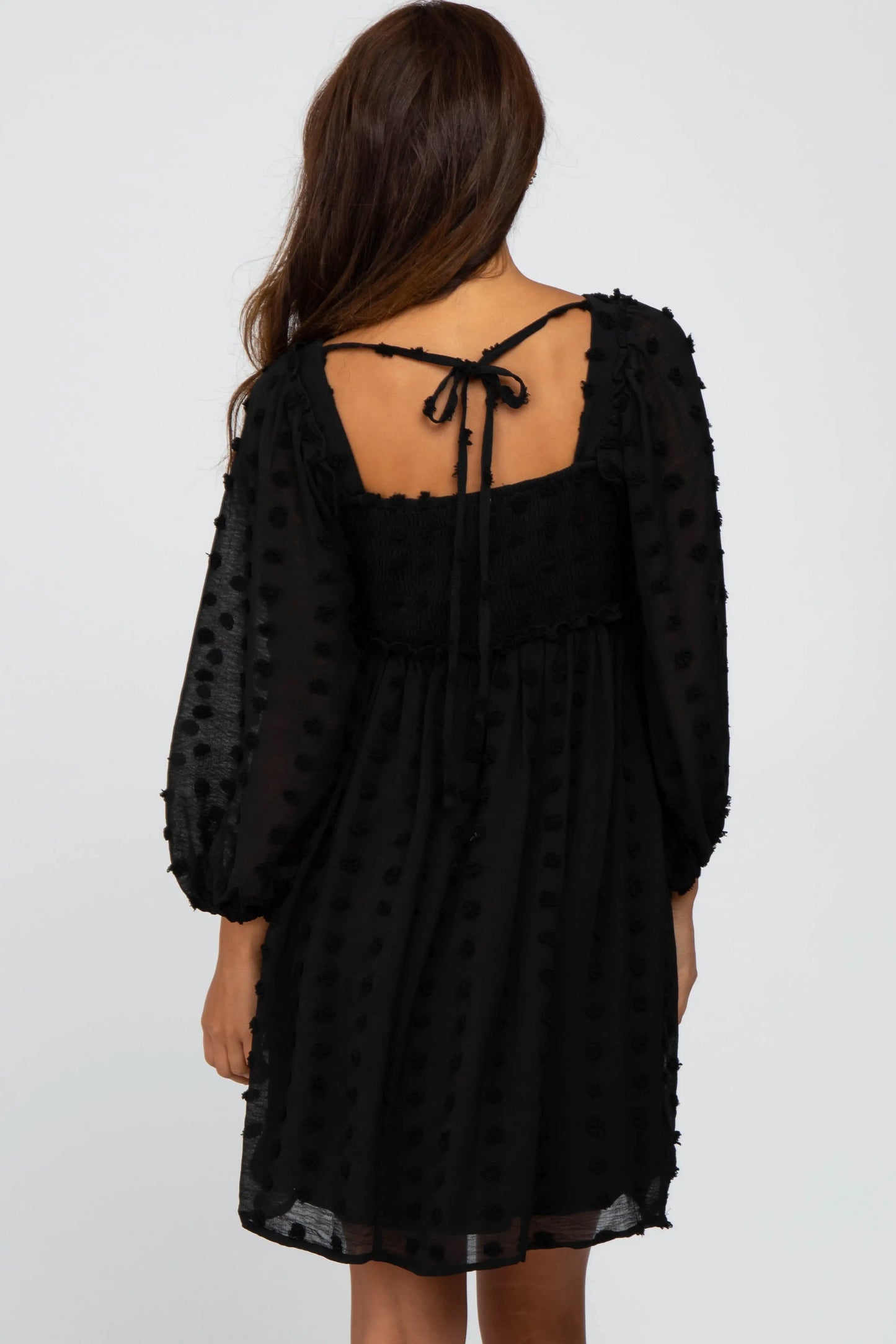 Black Textured Dot Smocked Square Neck Chiffon Dress with Ruffle Sleeves PinkBlush