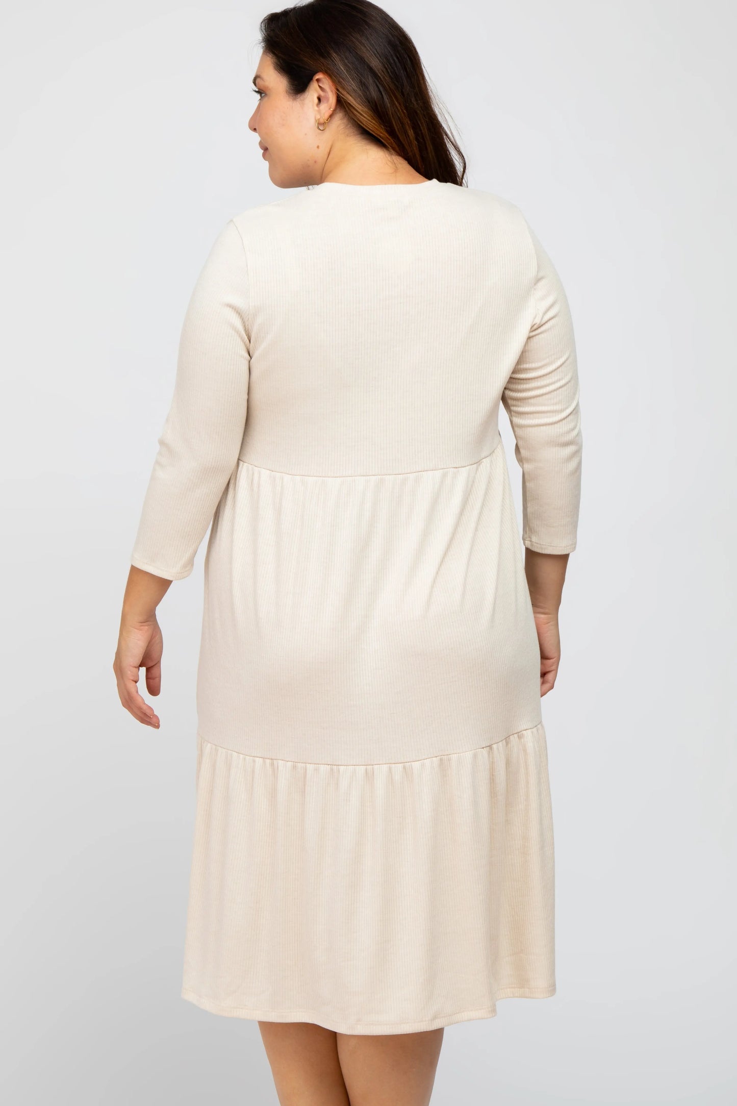 PinkBlush Chic Beige Tiered Ribbed Midi Dress with Three Quarter Sleeves for Plus Size Women - Apparel & Accessories > Clothing > Dresses