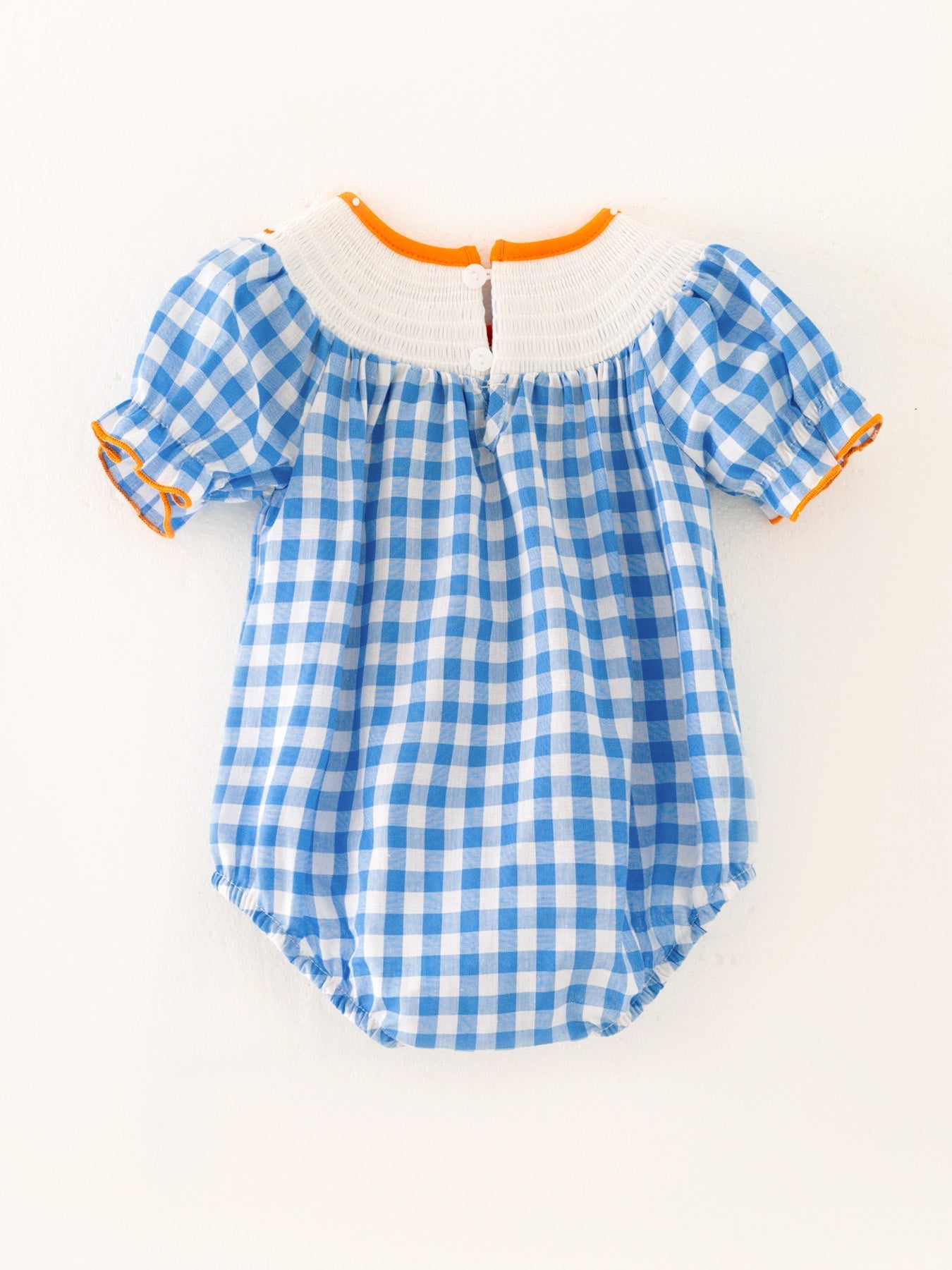 Halloween Blue Girls Woven Smocked Embroidered Plaid Romper Rylee Faith Designs Everetts Place: Online Boutique