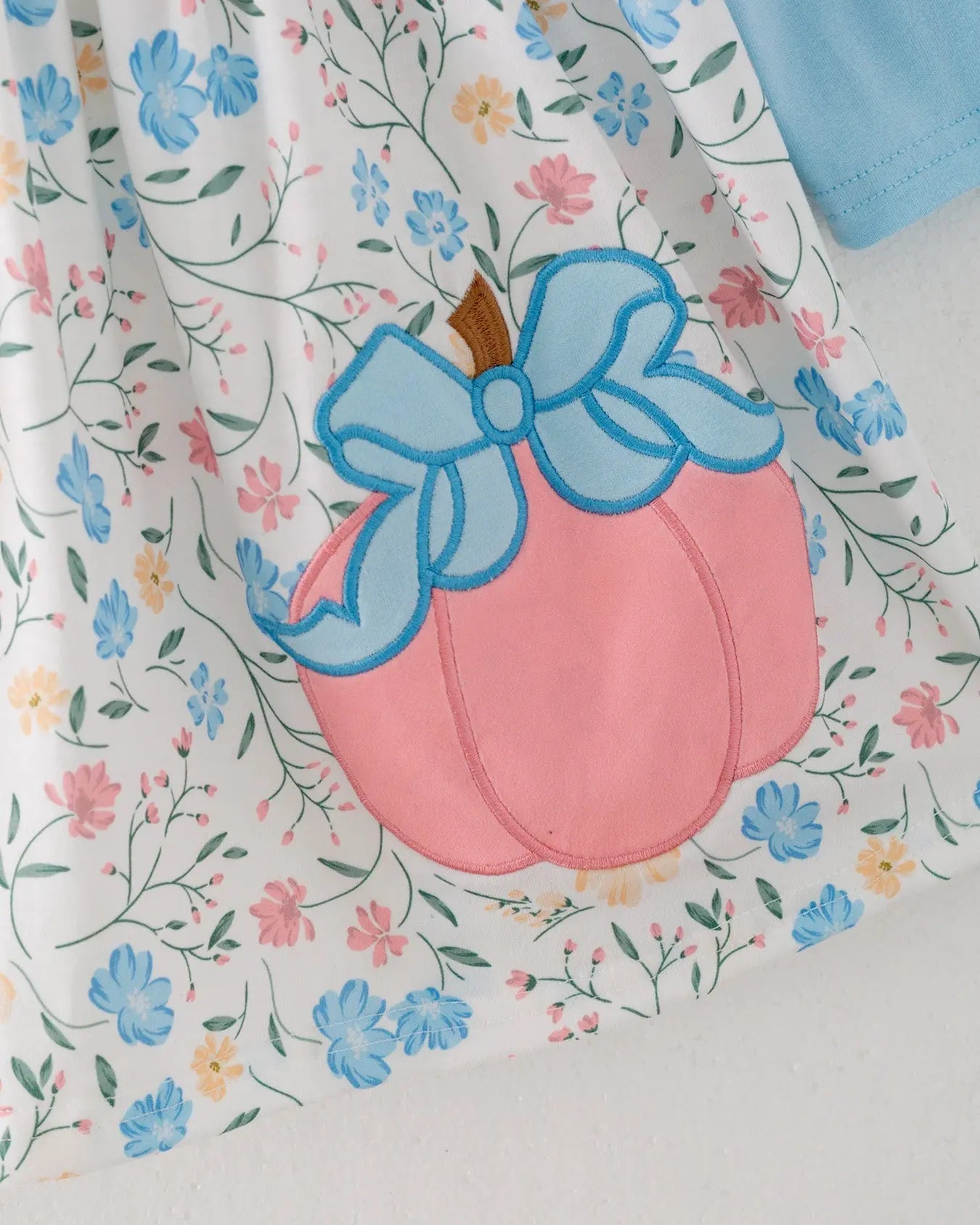Cute Floral Print Long Sleeve Dress with Pumpkin Applique for Girls Rylee Faith Designs