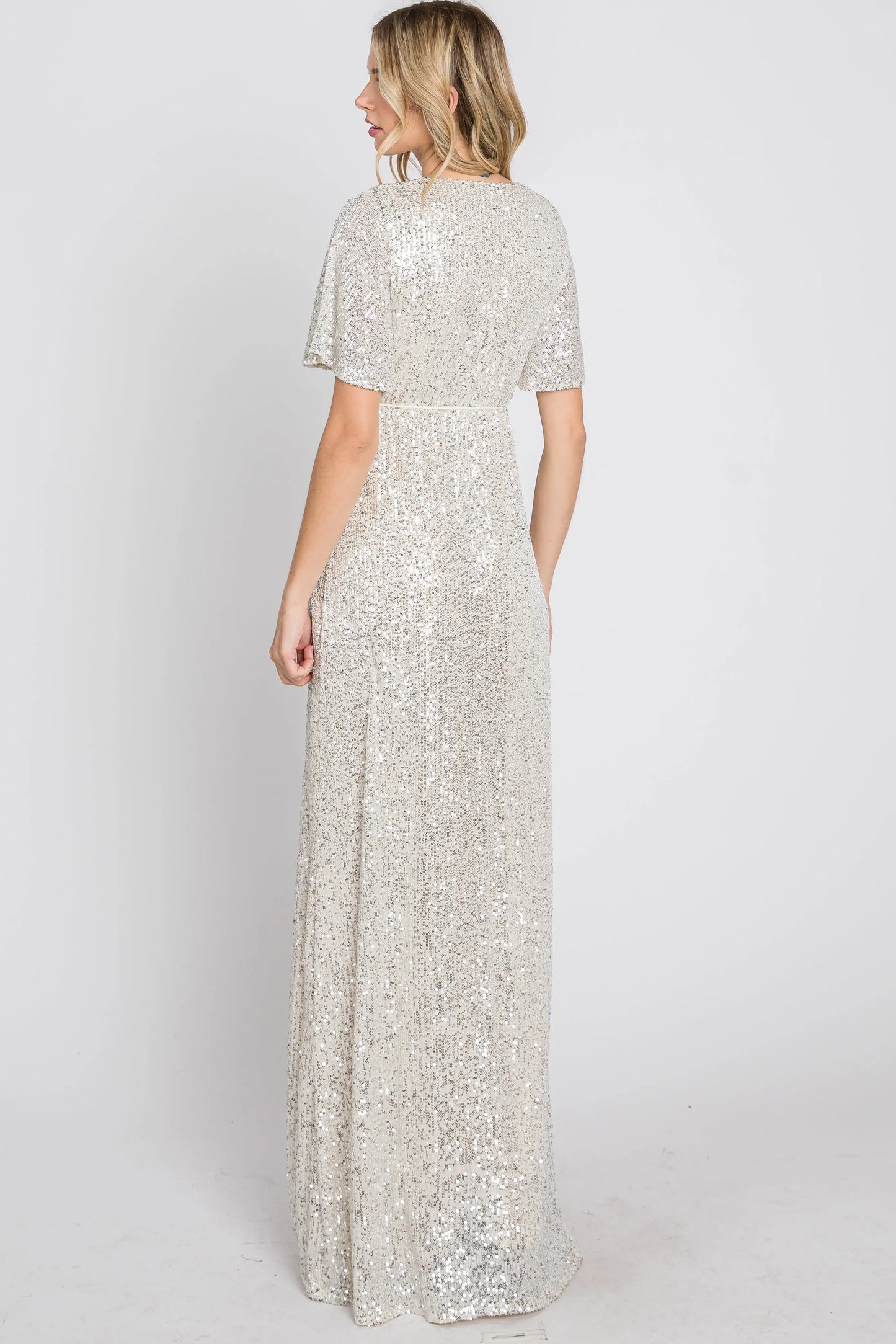 Cream Sequin Short Sleeve Maxi Dress With V Neckline And Adjustable Tassel Tie PinkBlush