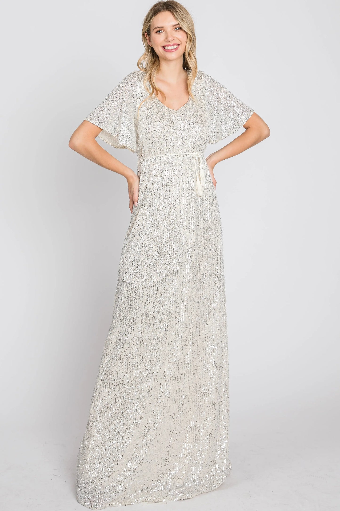 Cream Sequin Short Sleeve Maxi Dress With V Neckline And Adjustable Tassel Tie PinkBlush