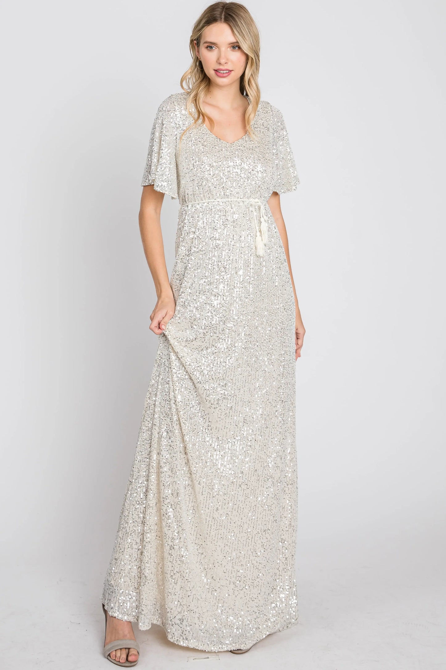 Cream Sequin Short Sleeve Maxi Dress With V Neckline And Adjustable Tassel Tie PinkBlush