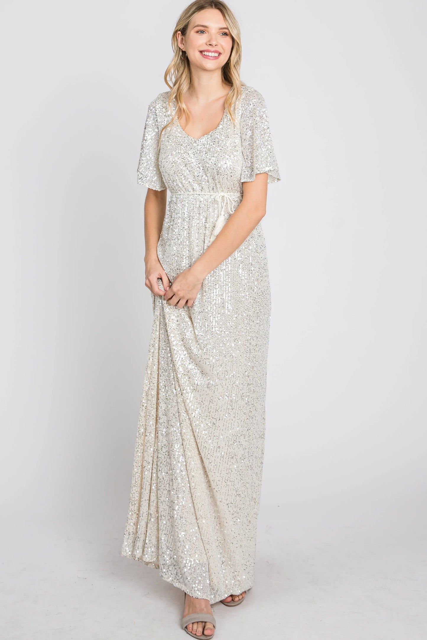 Cream Sequin Short Sleeve Maxi Dress With V Neckline And Adjustable Tassel Tie PinkBlush