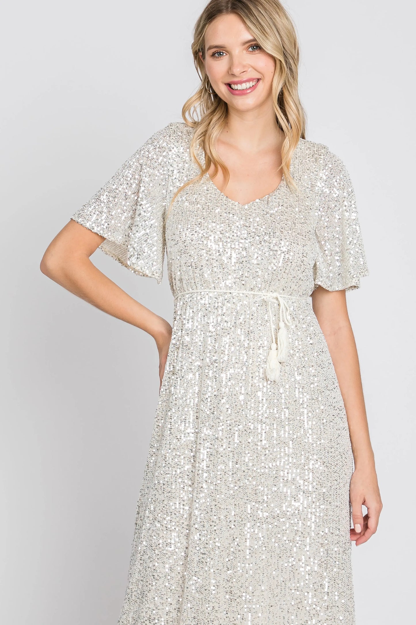 Cream Sequin Short Sleeve Maxi Dress With V Neckline And Adjustable Tassel Tie PinkBlush