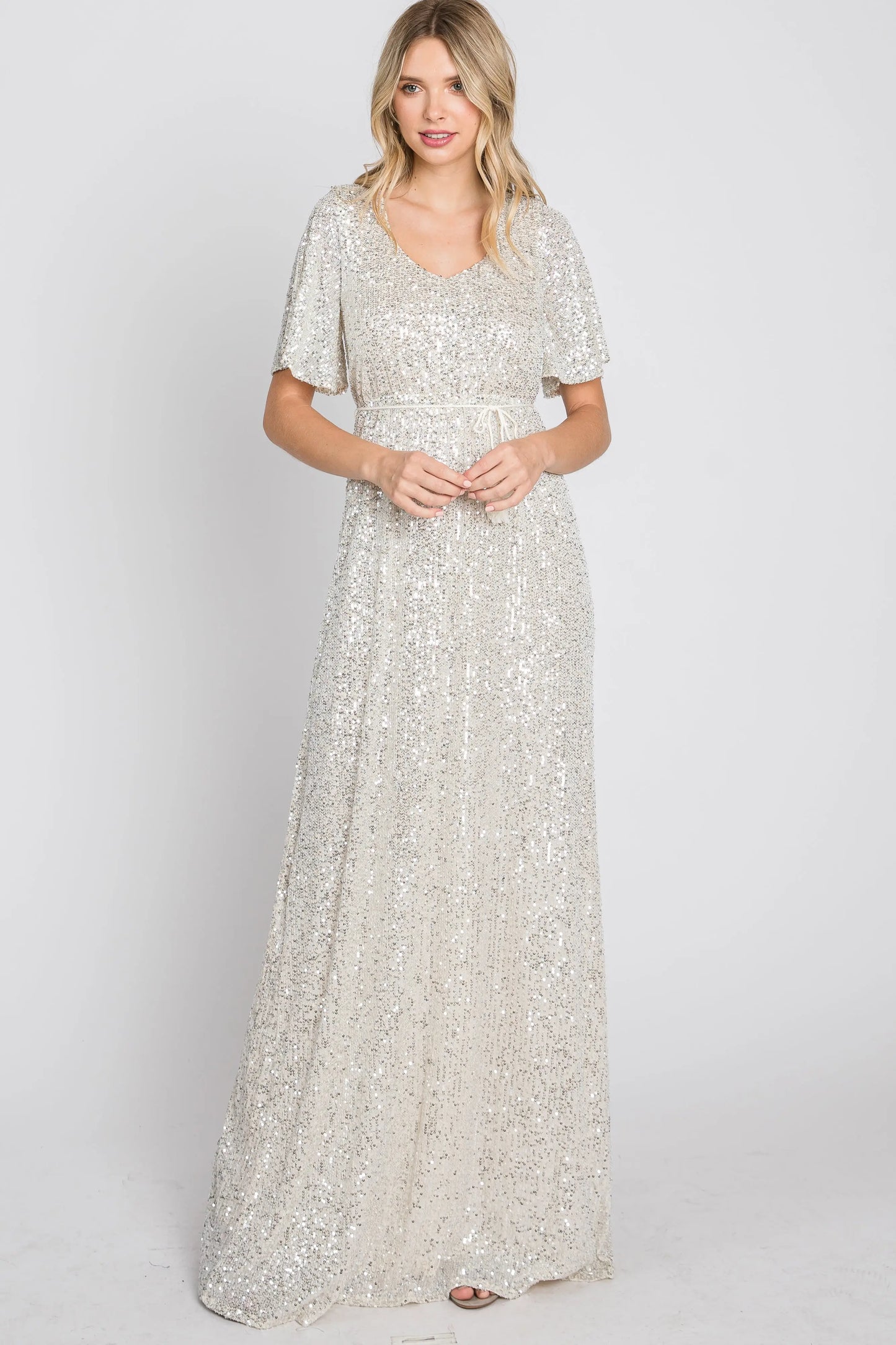 Cream Sequin Short Sleeve Maxi Dress With V Neckline And Adjustable Tassel Tie PinkBlush