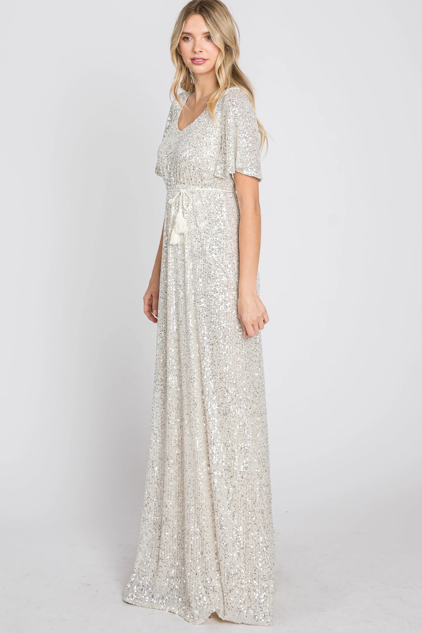 Cream Sequin Short Sleeve Maxi Dress With V Neckline And Adjustable Tassel Tie PinkBlush