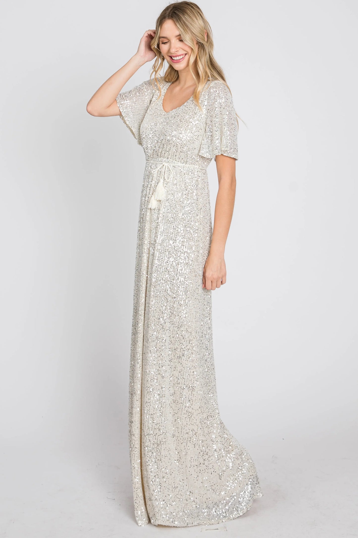 Cream Sequin Short Sleeve Maxi Dress With V Neckline And Adjustable Tassel Tie PinkBlush