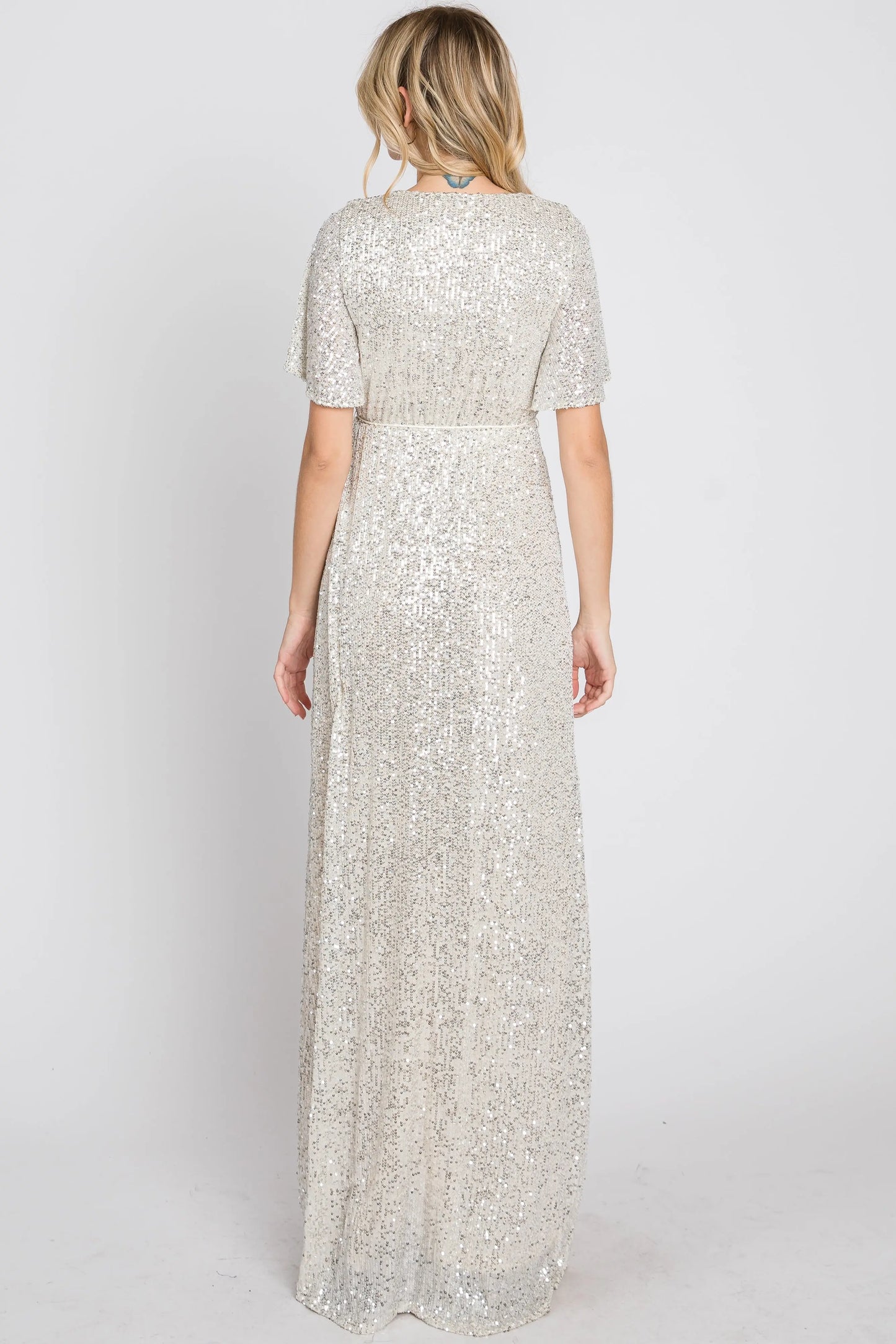 Cream Sequin Short Sleeve Maxi Dress With V Neckline And Adjustable Tassel Tie PinkBlush