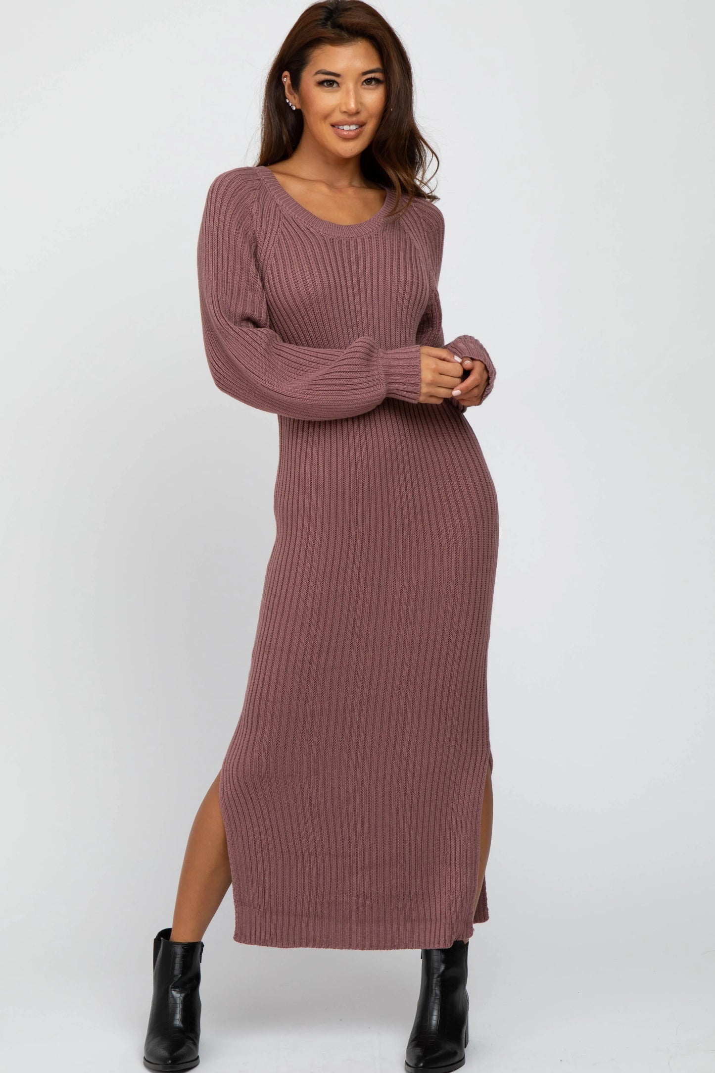 PinkBlush Elegant Mauve Maxi Sweater Dress with Side Slit for Casual Outings - Apparel & Accessories > Clothing > Dresses