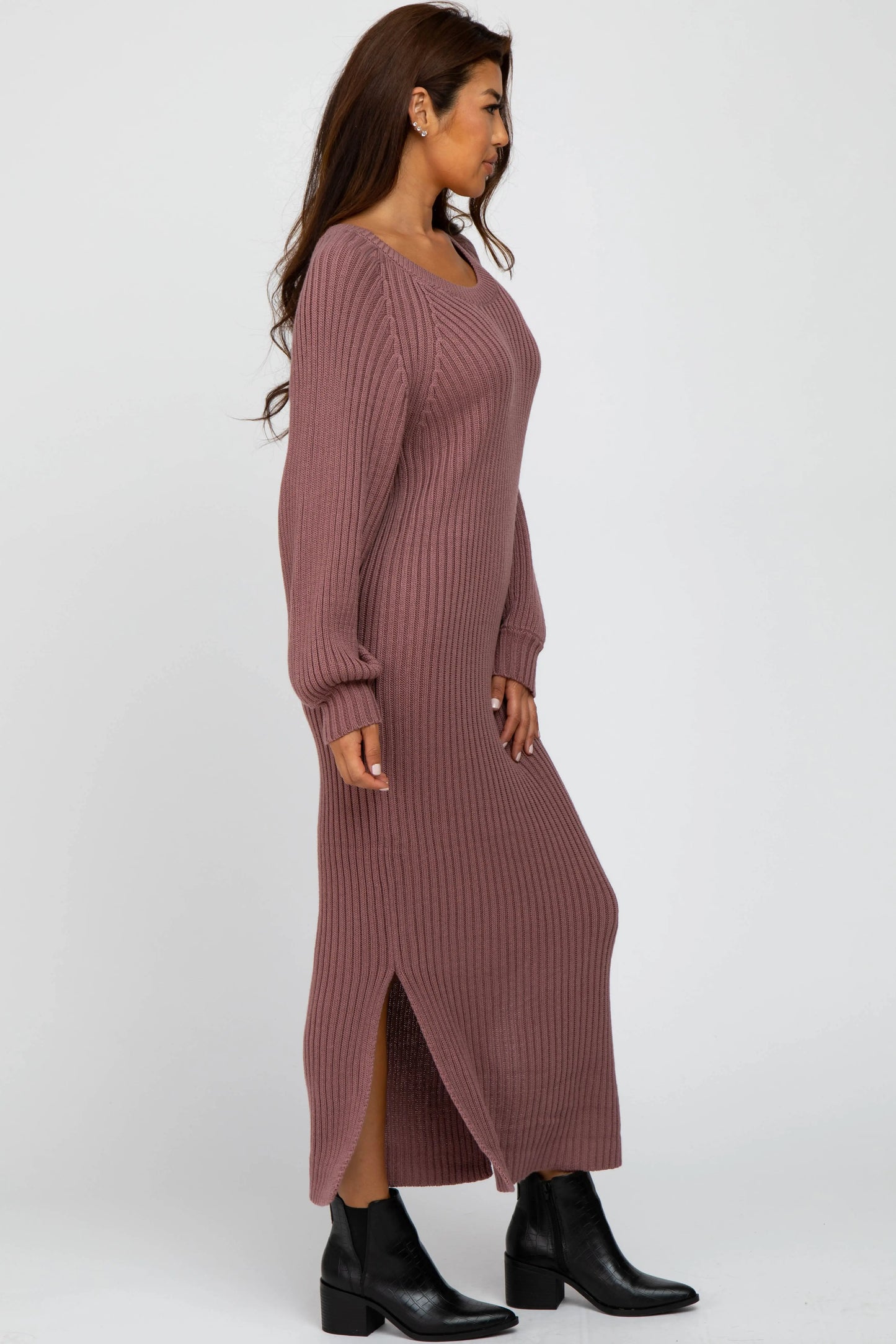 PinkBlush Elegant Mauve Maxi Sweater Dress with Side Slit for Casual Outings - Apparel & Accessories > Clothing > Dresses