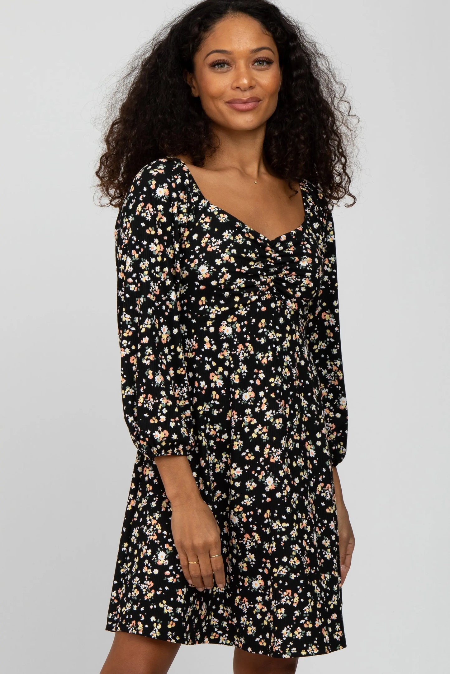 Black Floral Ribbed Ruched Bust Dress With Long Sleeves PinkBlush