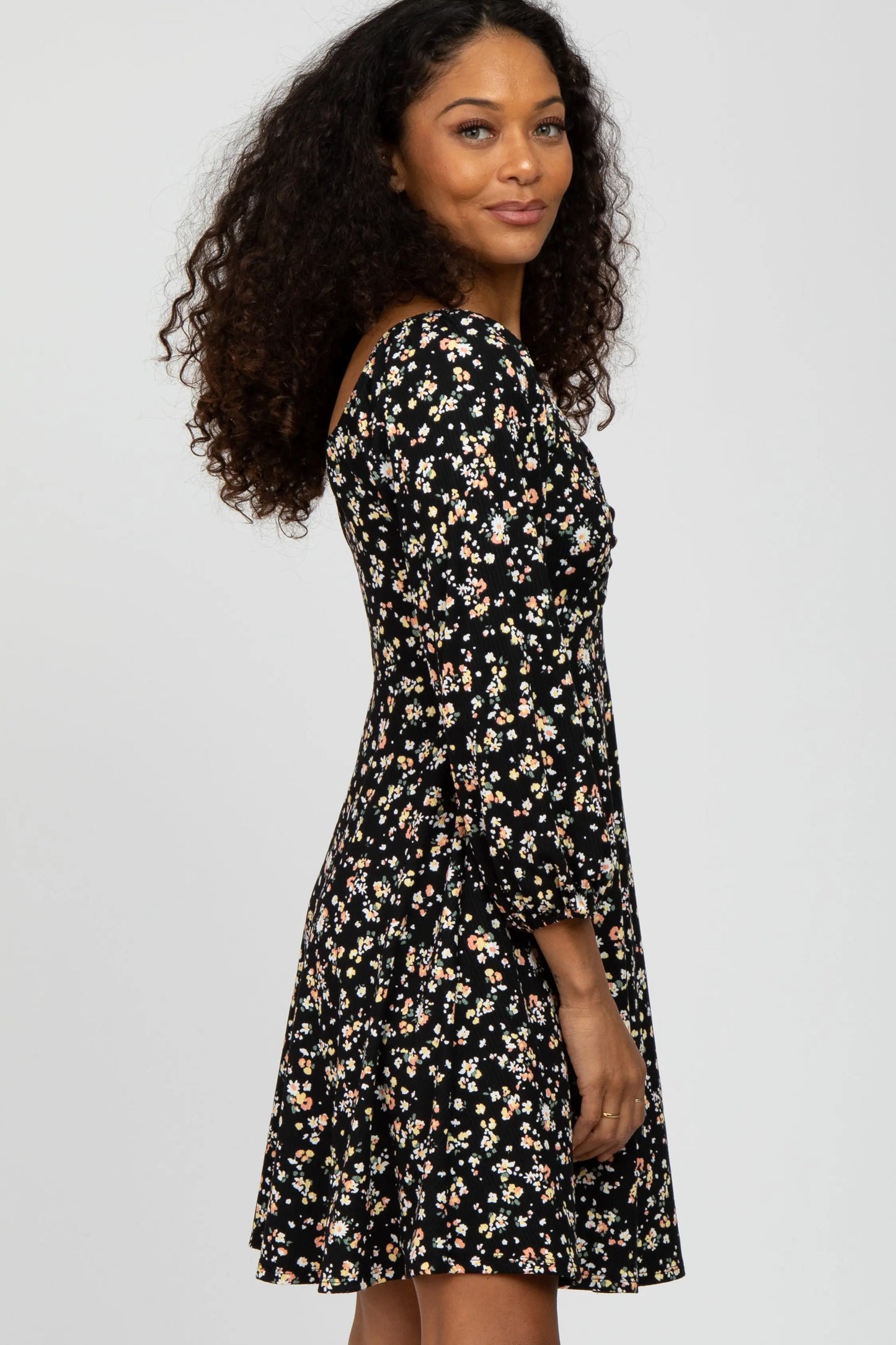 Black Floral Ribbed Ruched Bust Dress With Long Sleeves PinkBlush