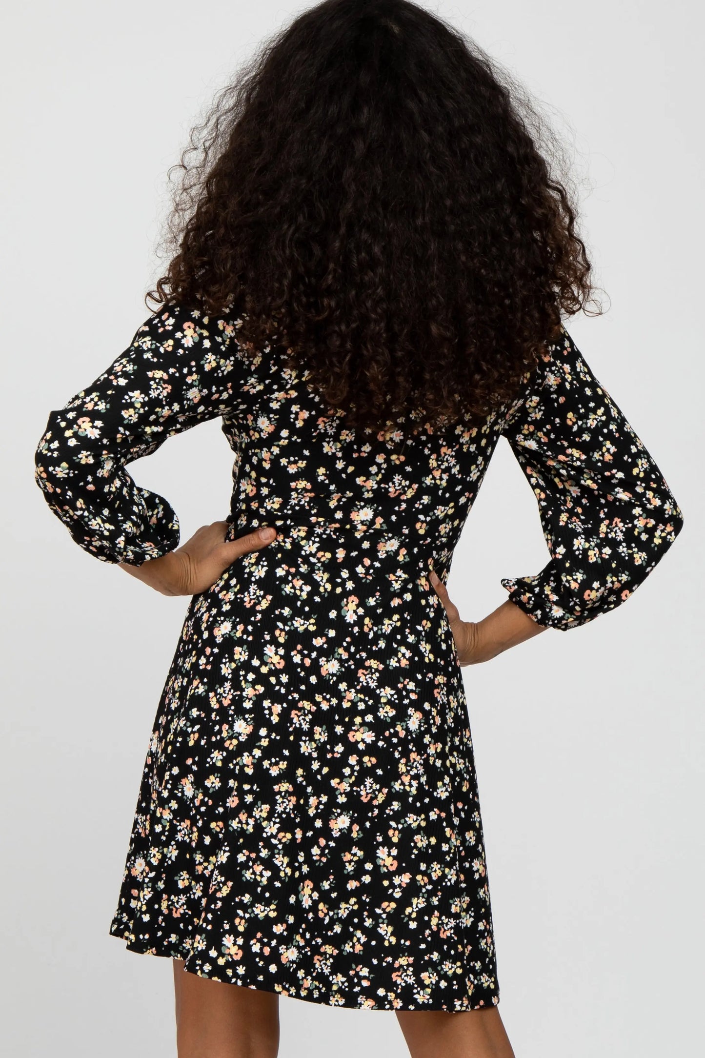 Black Floral Ribbed Ruched Bust Dress With Long Sleeves PinkBlush