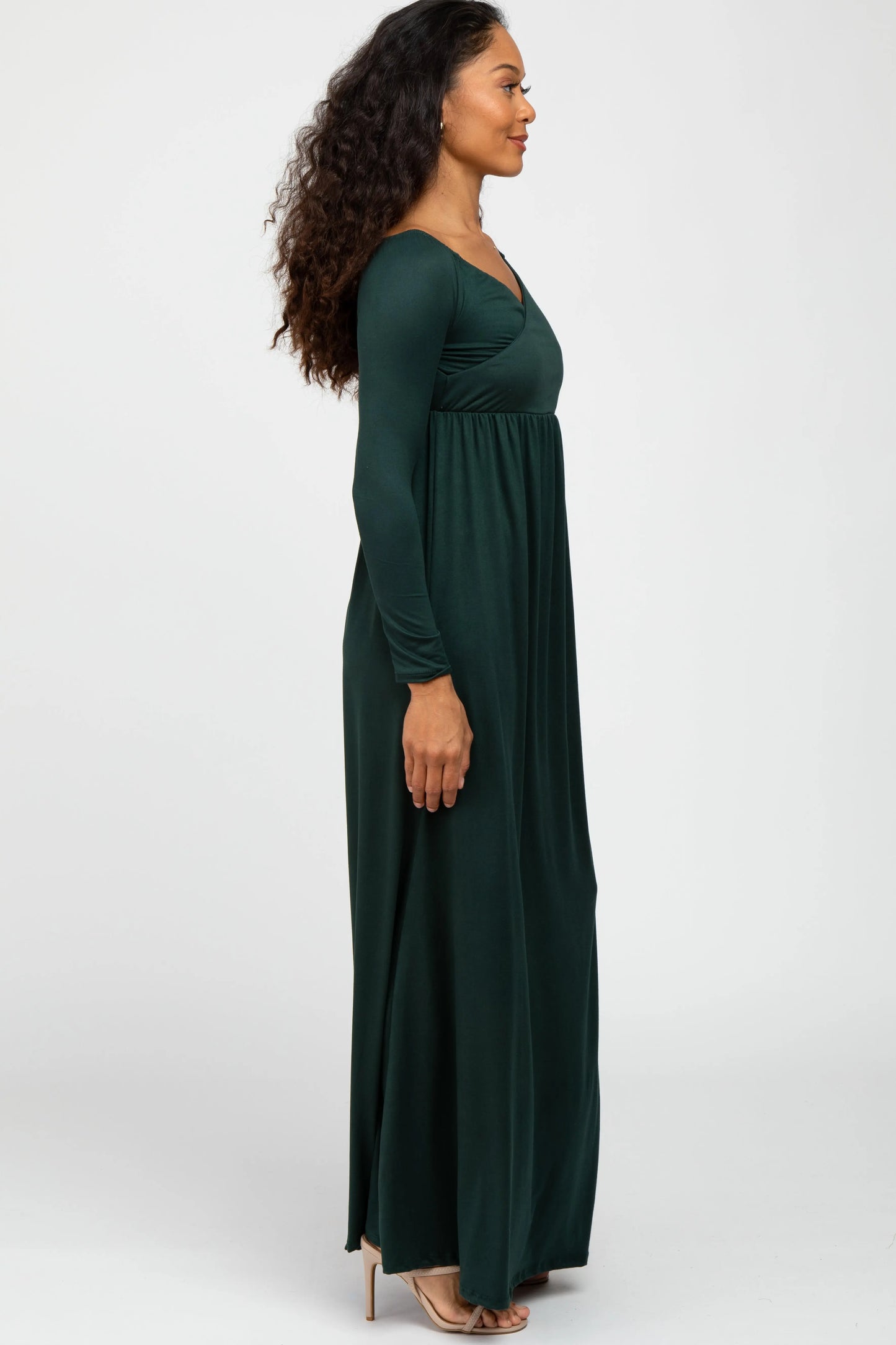 Forest Green Wrap Front Empire Waist Maxi Dress With Layered V Neckline And Long Fitted Sleeves PinkBlush