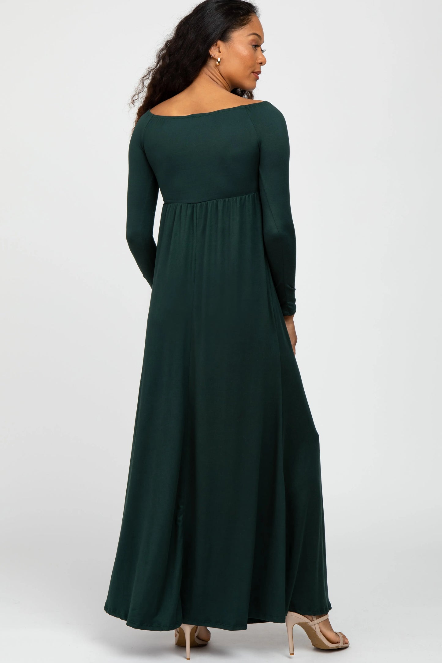 Forest Green Wrap Front Empire Waist Maxi Dress With Layered V Neckline And Long Fitted Sleeves PinkBlush