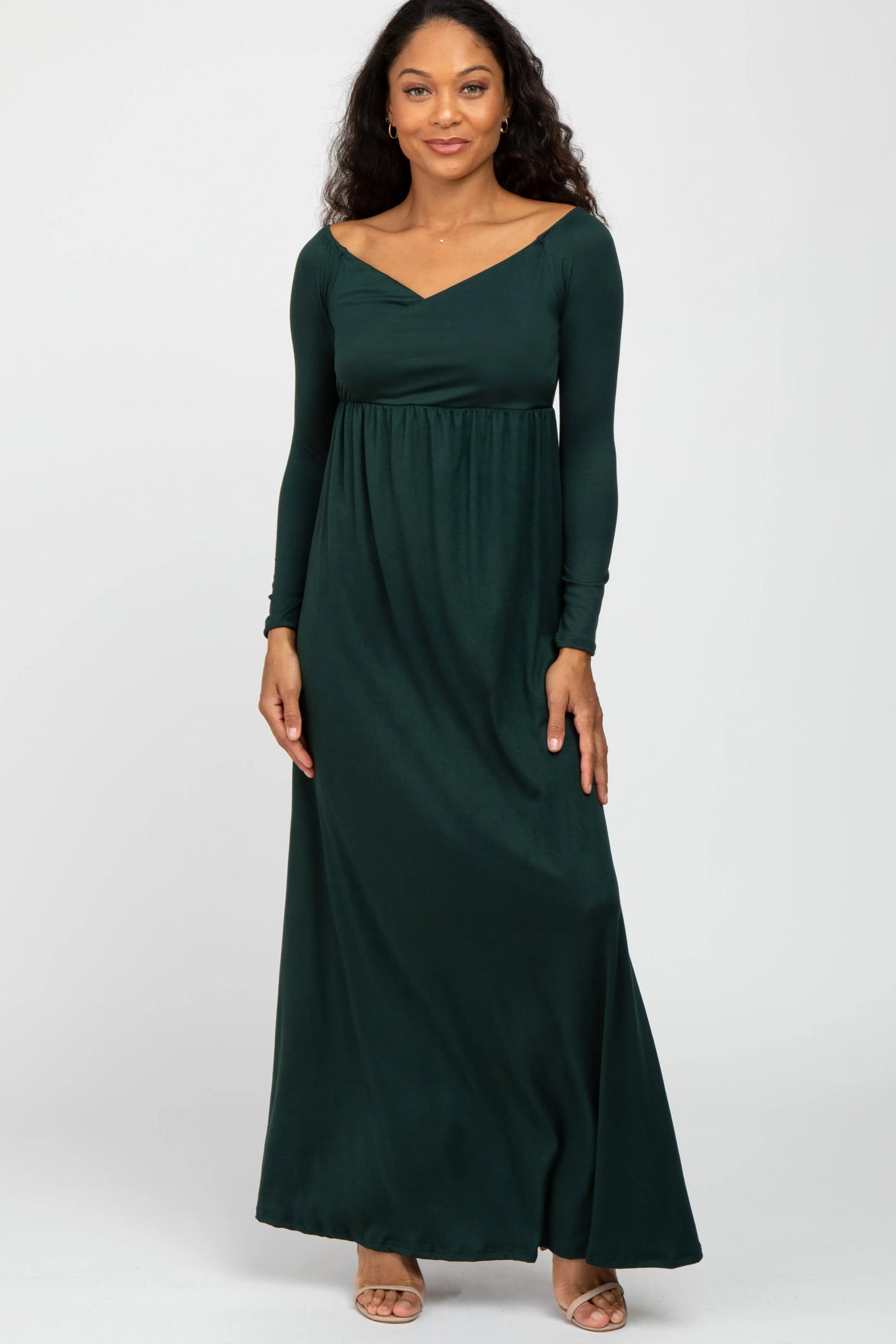 Forest Green Wrap Front Empire Waist Maxi Dress With Layered V Neckline And Long Fitted Sleeves PinkBlush