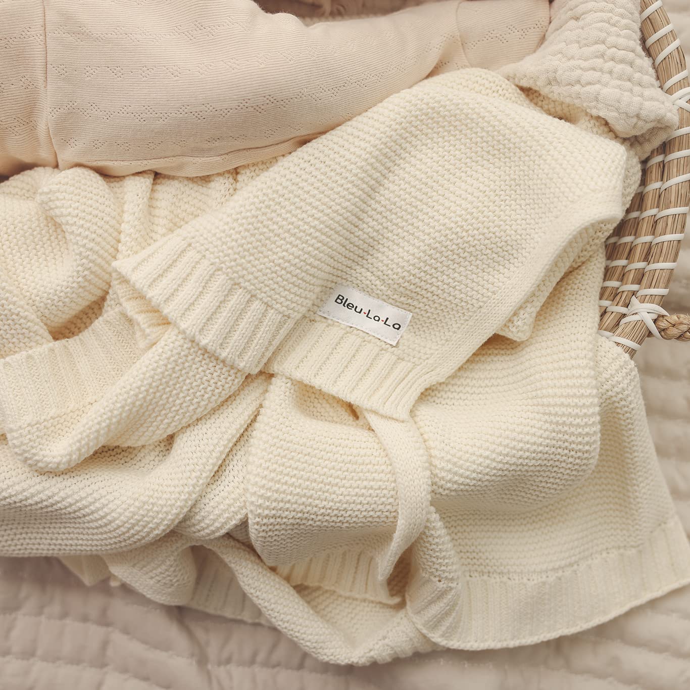 Heritage Knit 100 Percent Organic Cotton Luxury Knit Baby Swaddle Blanket Bleu La La
