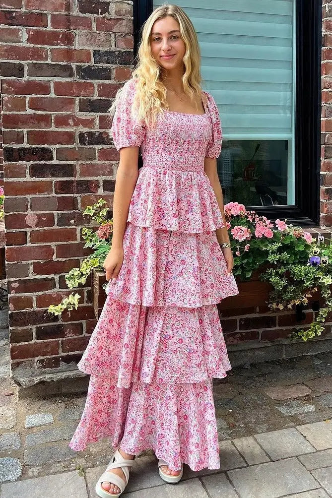 Pink Floral Square Neck Ruffle Layered Maxi Dress PinkBlush