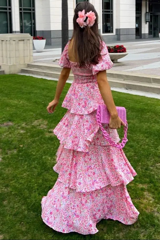 Pink Floral Square Neck Ruffle Layered Maxi Dress PinkBlush