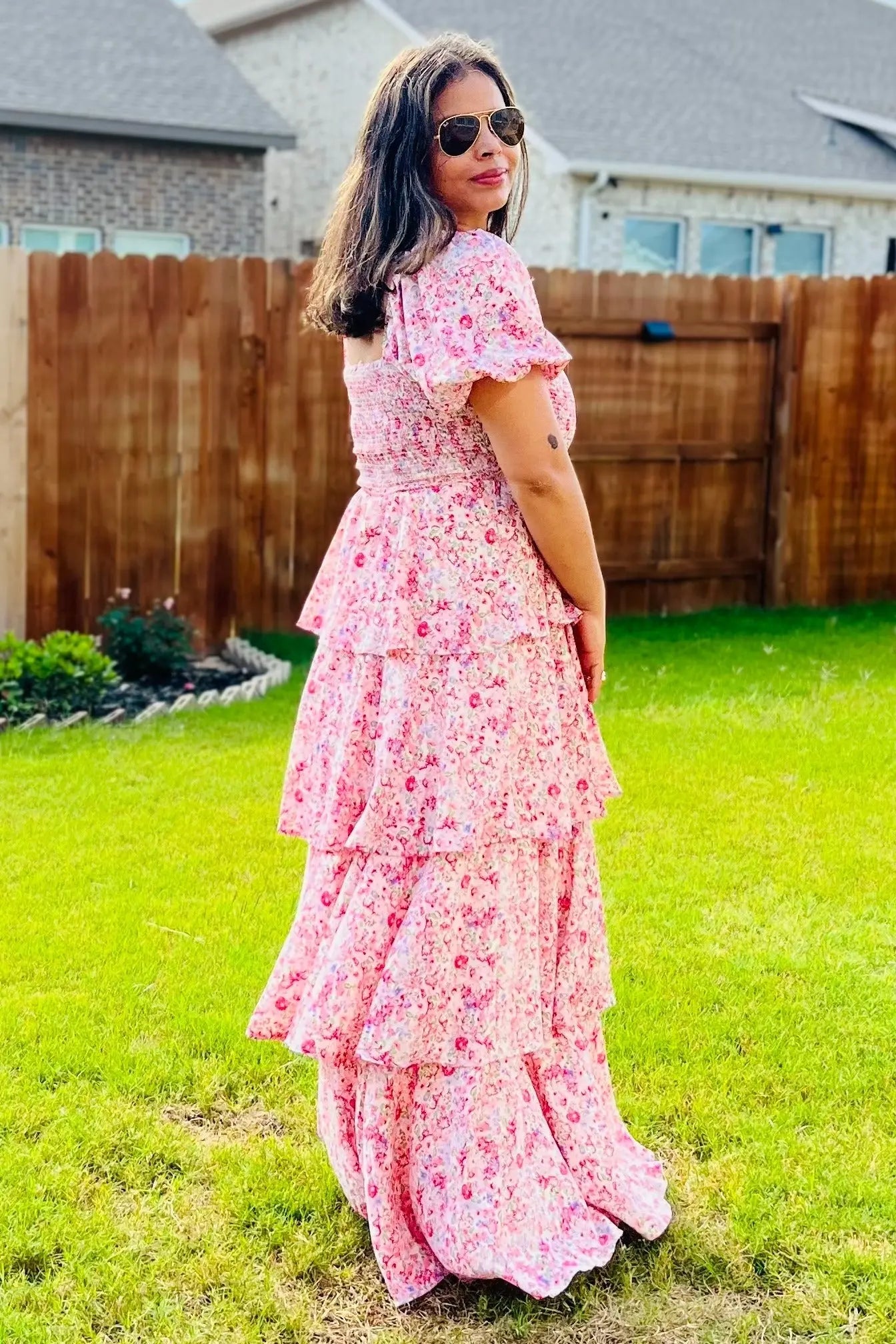 Pink Floral Square Neck Ruffle Layered Maxi Dress PinkBlush