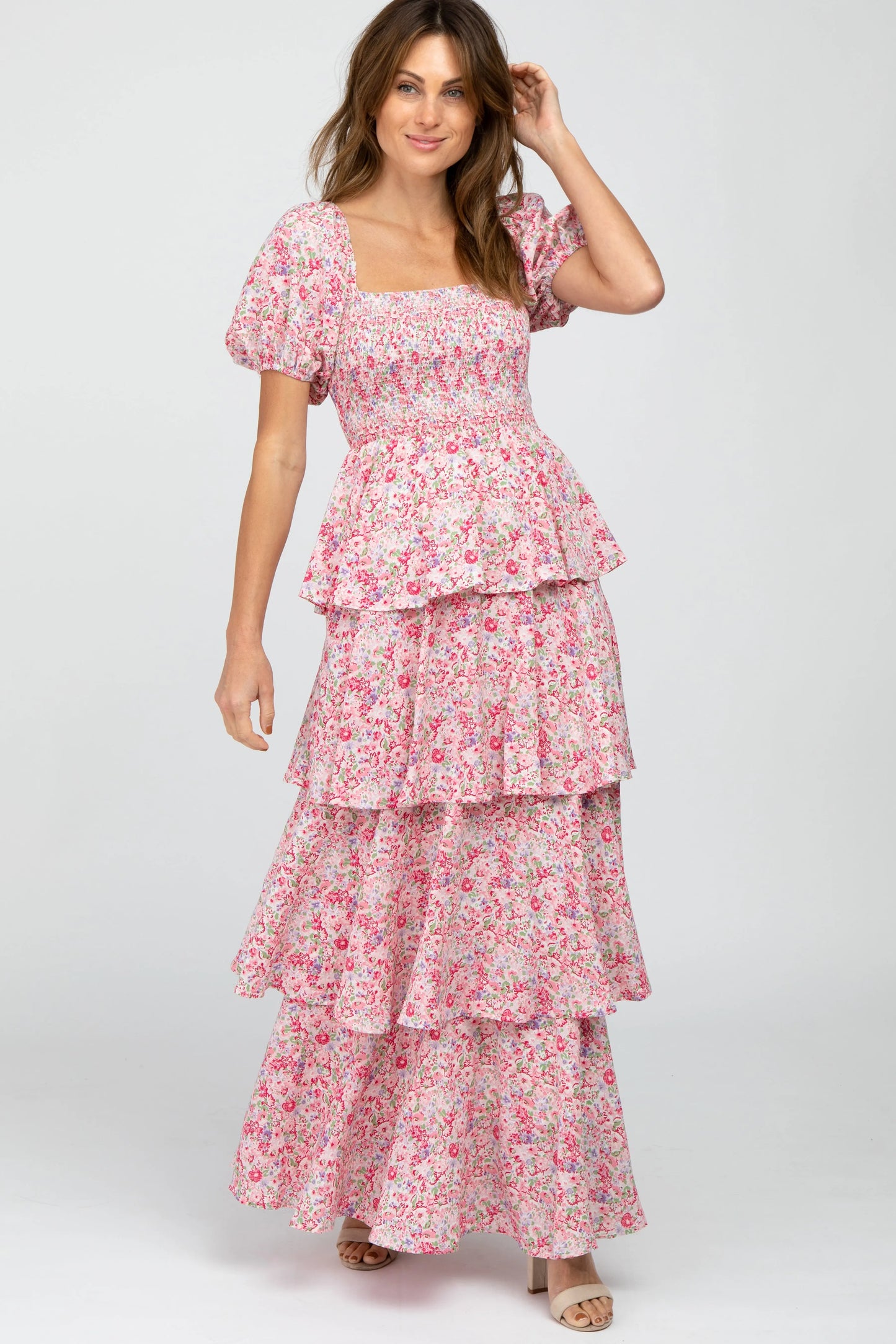 Pink Floral Square Neck Ruffle Layered Maxi Dress PinkBlush