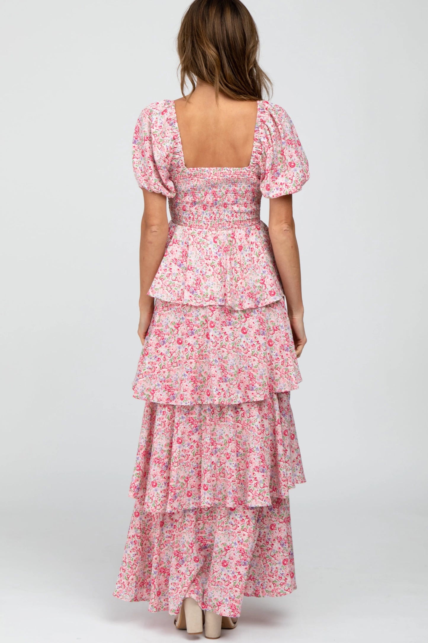 Pink Floral Square Neck Ruffle Layered Maxi Dress PinkBlush