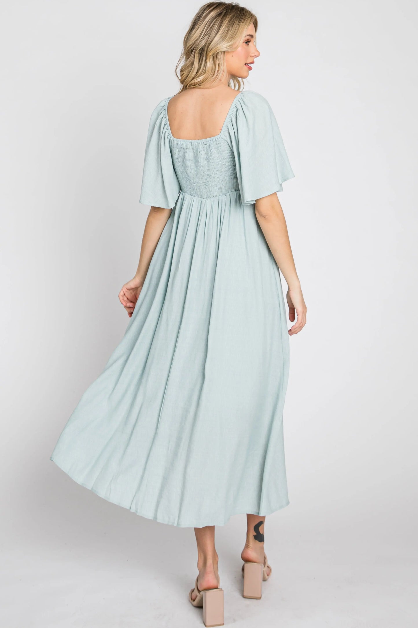 Light Blue Front Tie Ruffle Sleeve Maternity Midi Dress PinkBlush