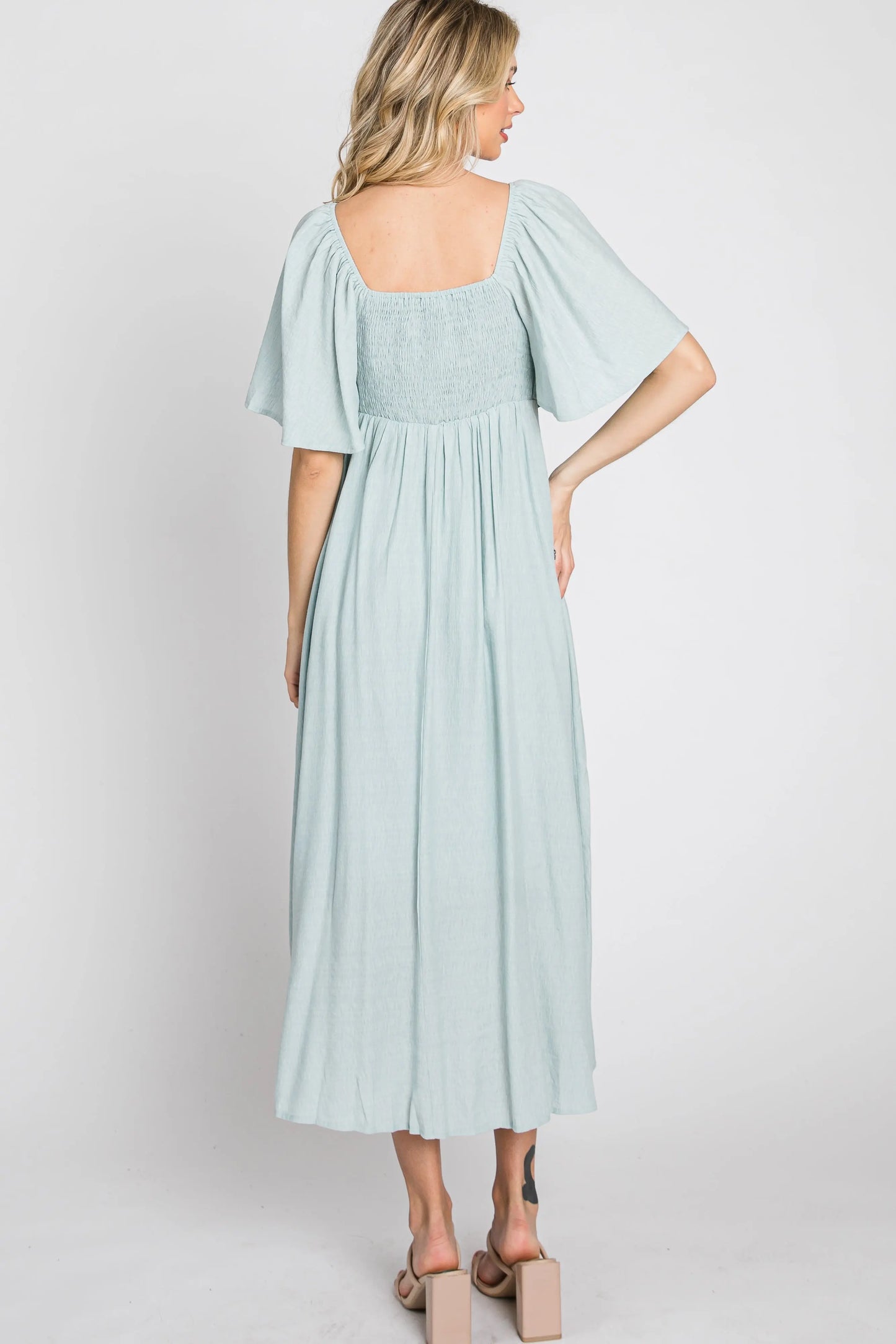 Light Blue Front Tie Ruffle Sleeve Maternity Midi Dress PinkBlush