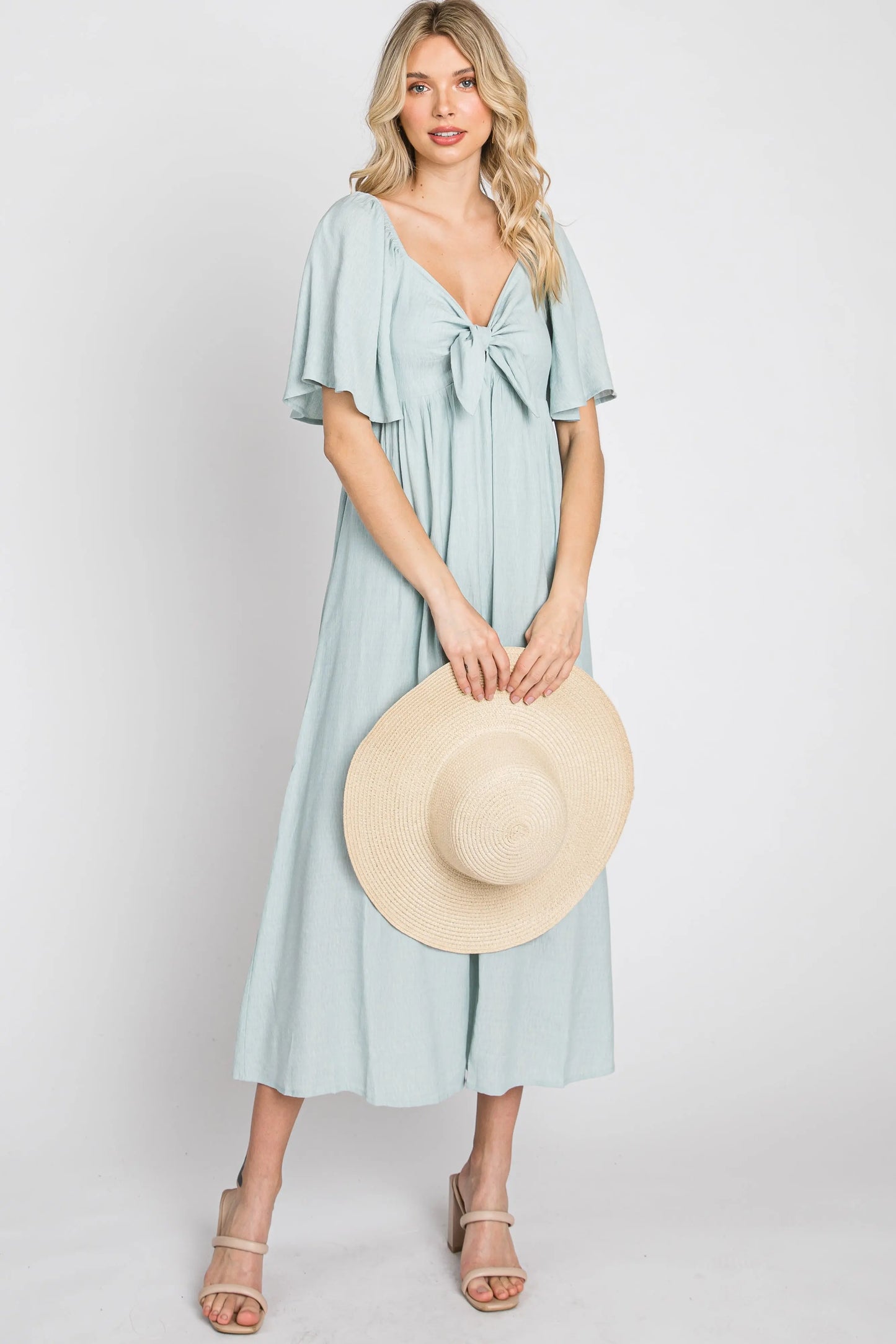 Light Blue Front Tie Ruffle Sleeve Maternity Midi Dress PinkBlush