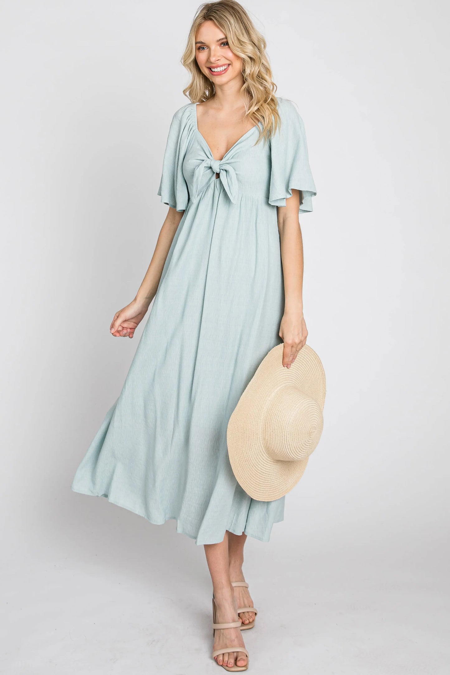Light Blue Front Tie Ruffle Sleeve Maternity Midi Dress PinkBlush