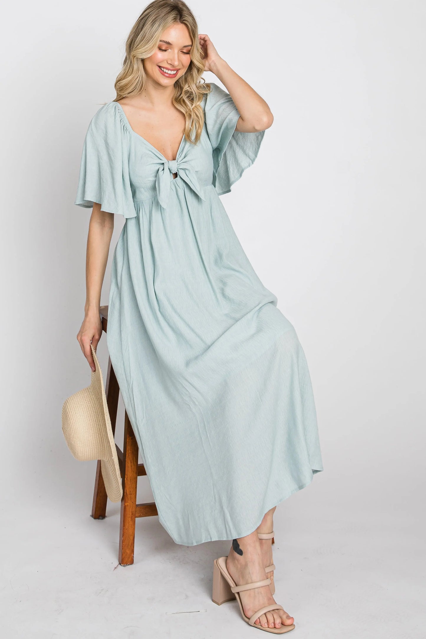 Light Blue Front Tie Ruffle Sleeve Maternity Midi Dress PinkBlush