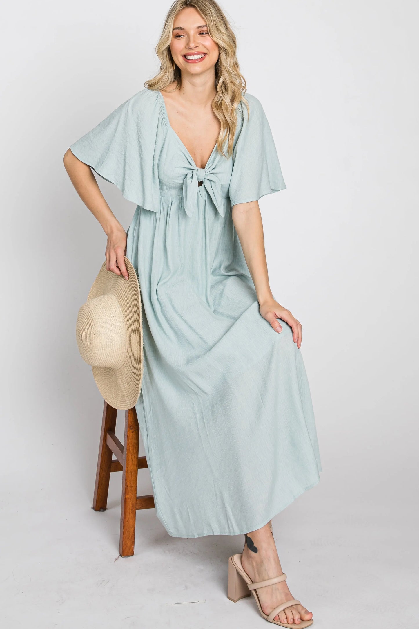 Light Blue Front Tie Ruffle Sleeve Maternity Midi Dress PinkBlush