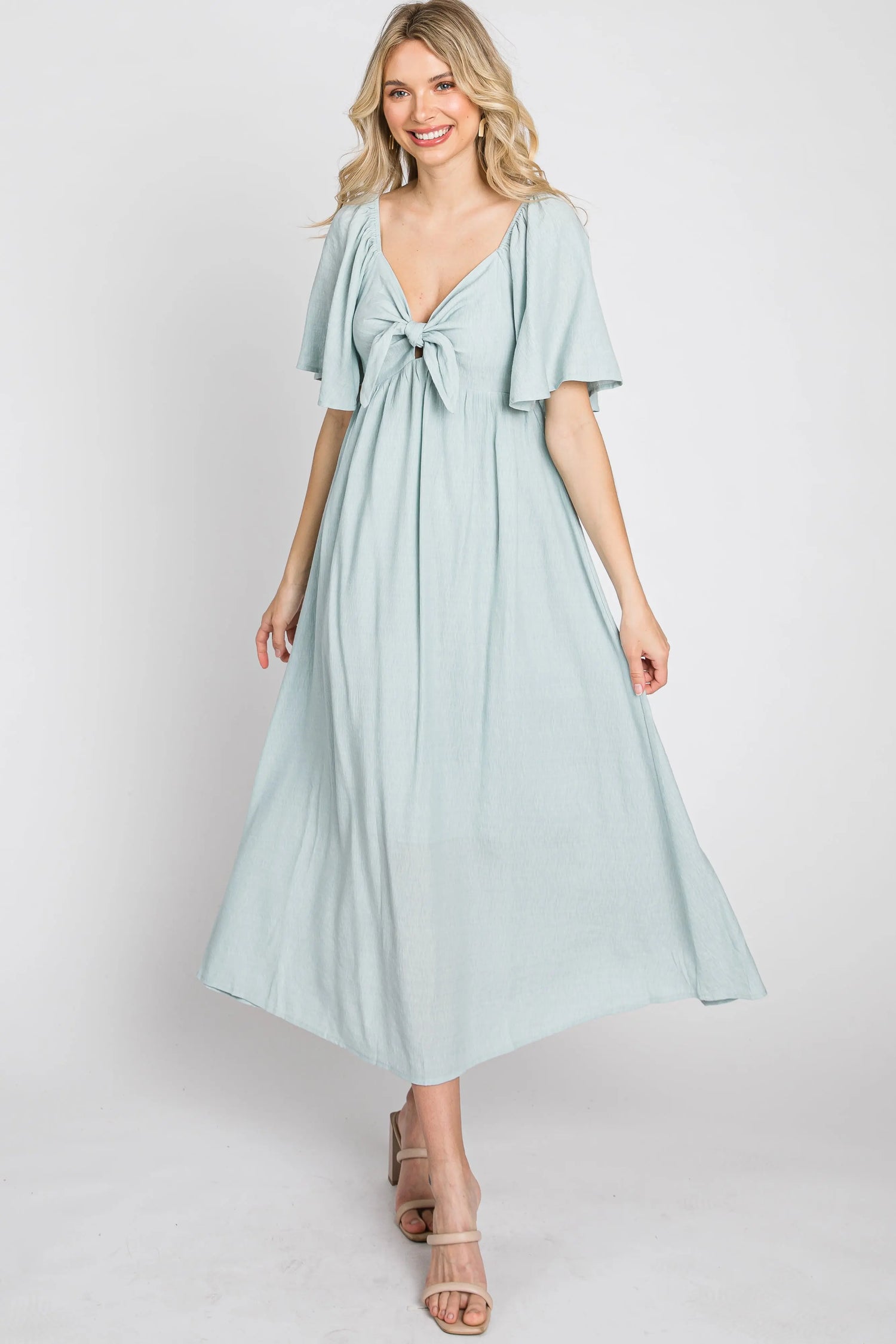 PinkBlush Elegant Maternity Midi Dress with Front Tie and Ruffle Sleeves for Expecting Mothers - Apparel & Accessories > Clothing > Maternity Clothing > Maternity Dresses Apparel & Accessories > Clothing > Dresses