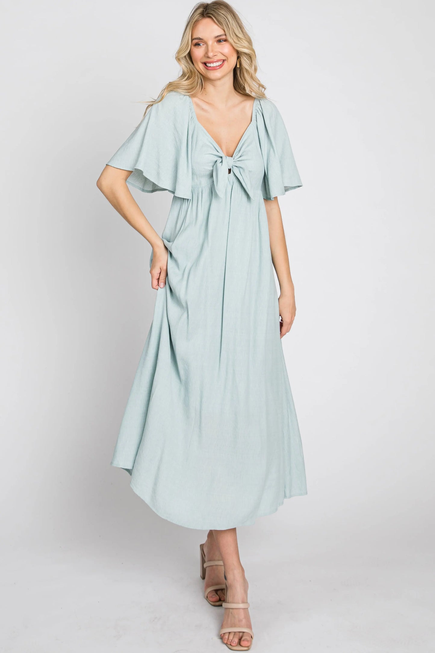 Light Blue Front Tie Ruffle Sleeve Maternity Midi Dress PinkBlush