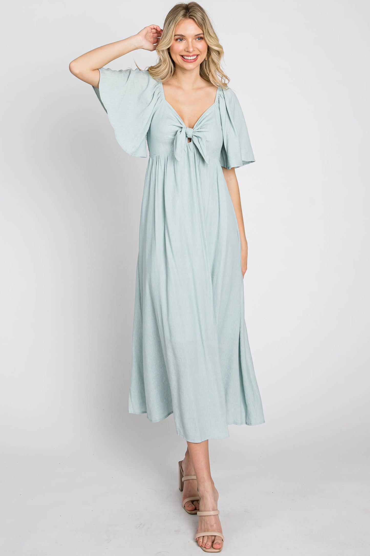 Light Blue Front Tie Ruffle Sleeve Maternity Midi Dress PinkBlush