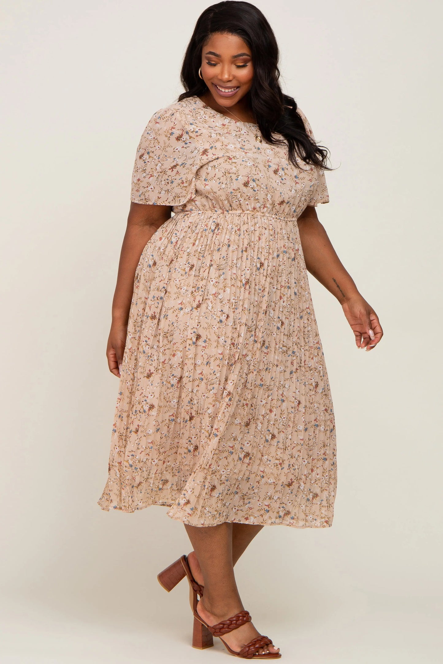 PinkBlush Beige Floral Pleated Chiffon Midi Dress for Stylish Plus Size Women - Apparel & Accessories > Clothing > Dresses Apparel & Accessories > Clothing > Dresses
