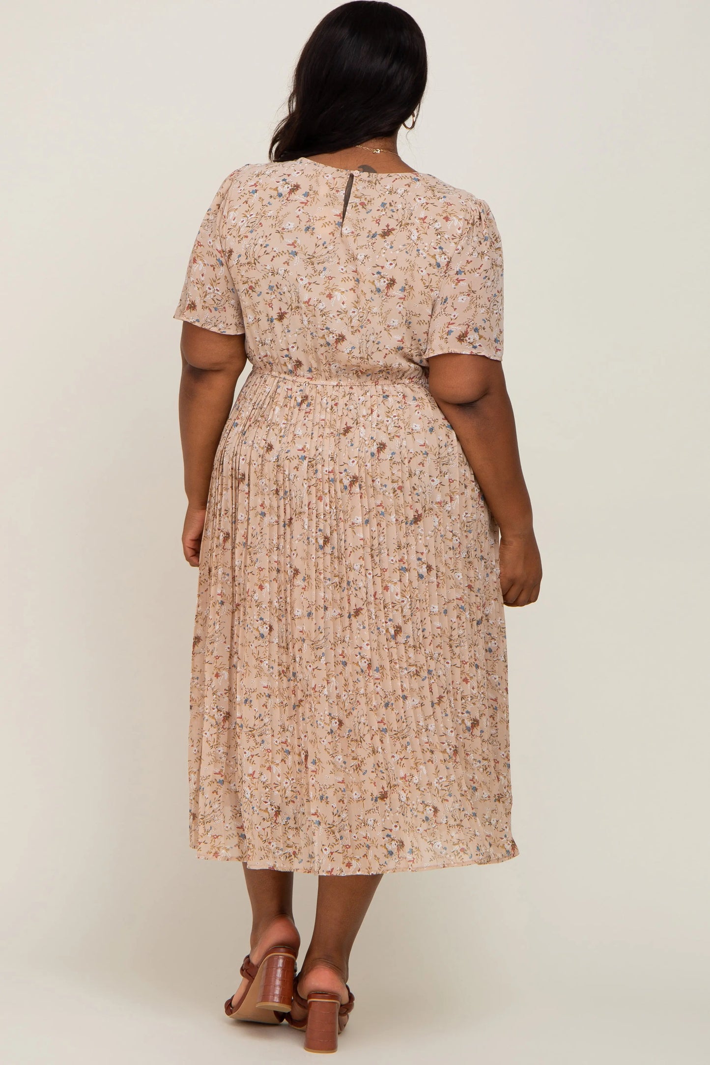 PinkBlush Beige Floral Pleated Chiffon Midi Dress for Stylish Plus Size Women - Apparel & Accessories > Clothing > Dresses Apparel & Accessories > Clothing > Dresses