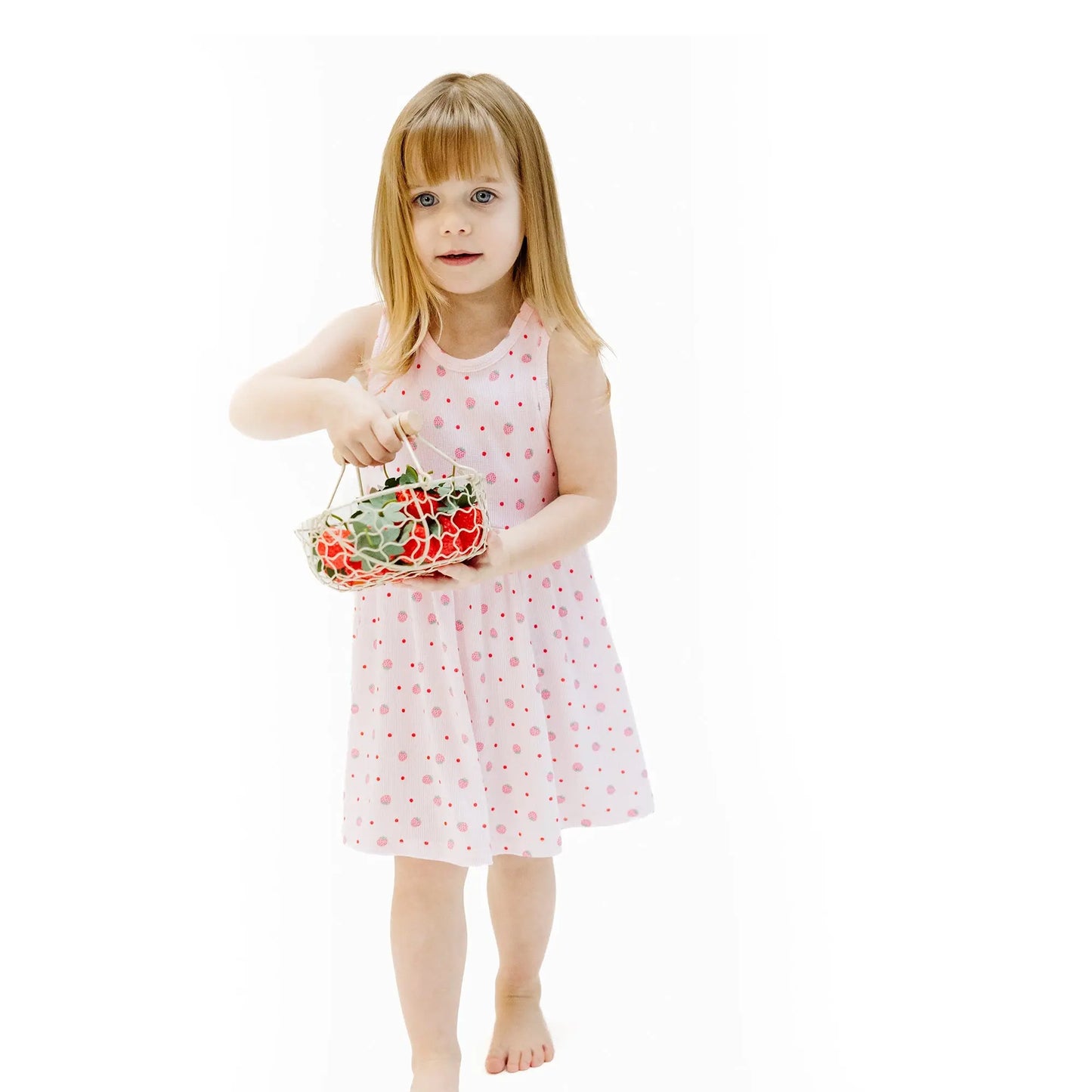 Tank Dress and Bloomer Set for Toddlers in Strawberry Swiss Dot.
