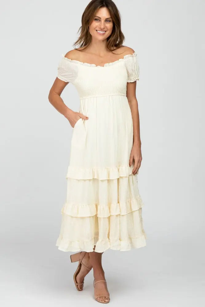 PinkBlush Elegant Ivory Midi Dress with Puff Sleeves and Pockets for Summer Events - Apparel & Accessories > Clothing > Dresses