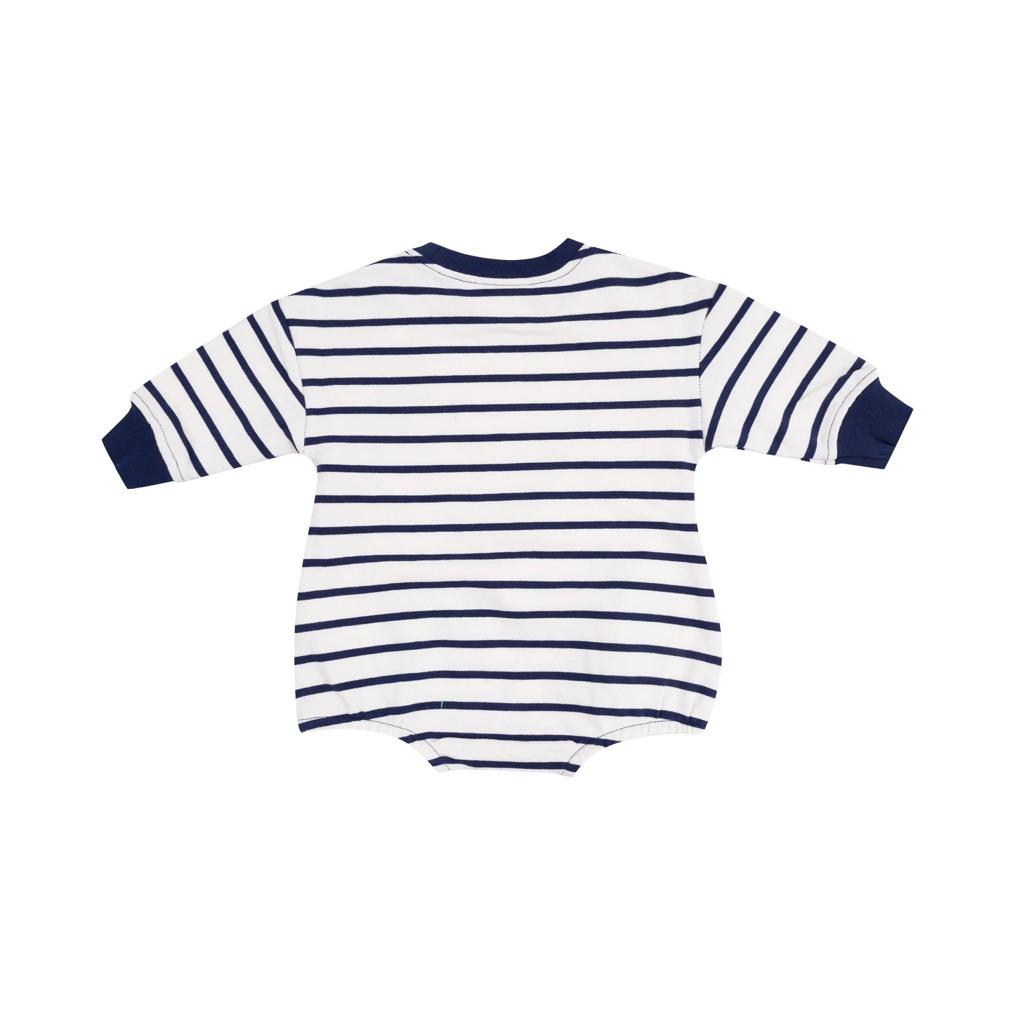 French Terry Sweatshirt Bubble with Pink Sailboat Applique Navy Stripe.