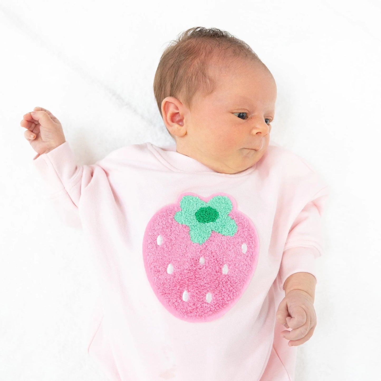 Strawberry Applique Sweatshirt Bubble French Terry Swiss Dot.