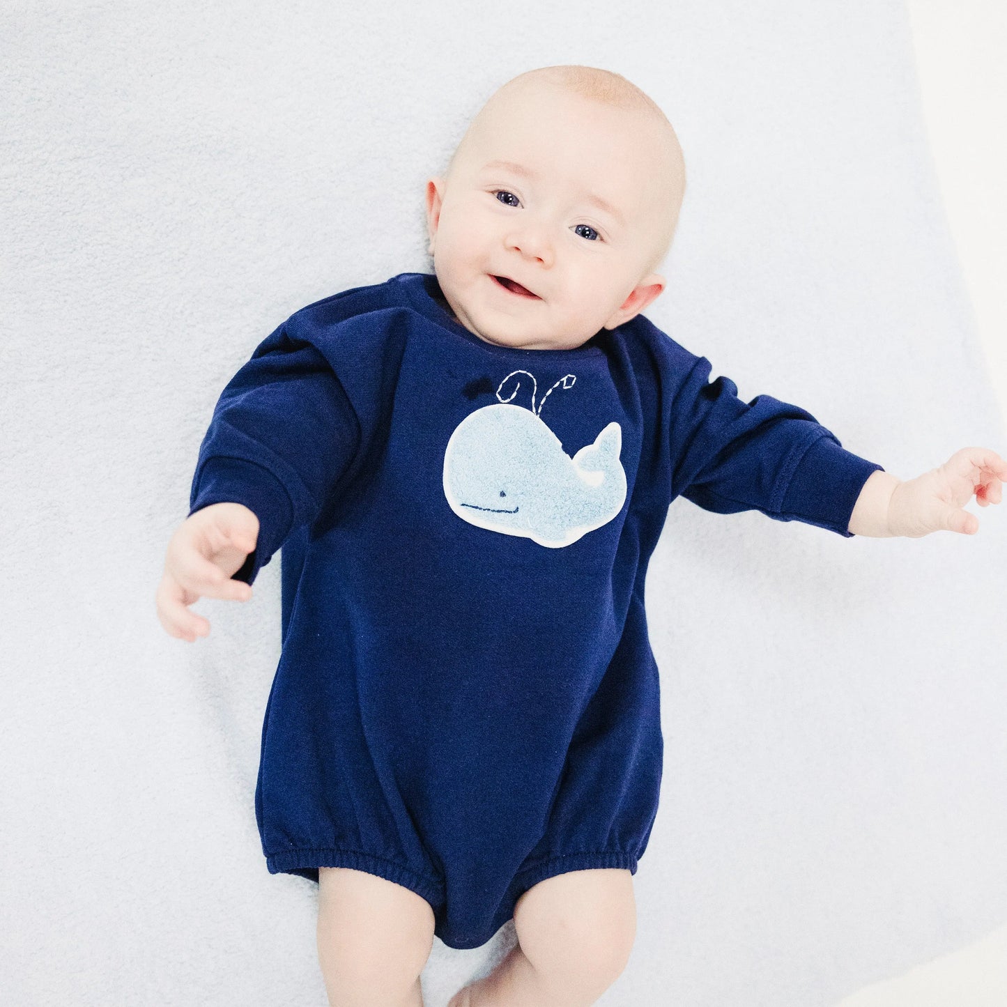 French Terry Sweatshirt Bubble With Chenille Patch Bubbly Whale Blue.