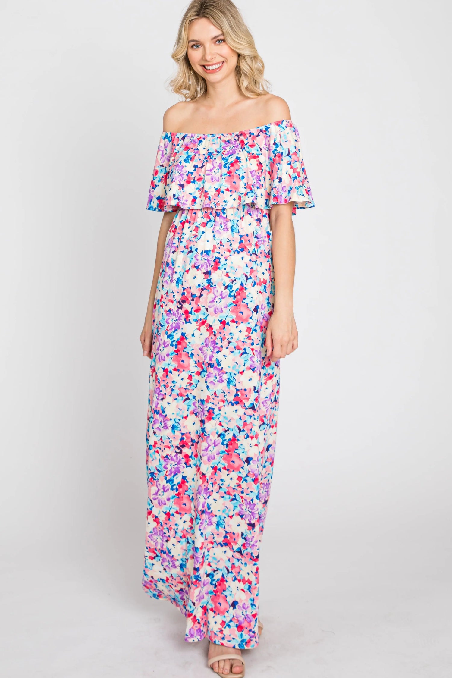 PinkBlush Elegant Pink Floral Maxi Dress with Off Shoulder Design for Women - Apparel & Accessories > Clothing > Dresses