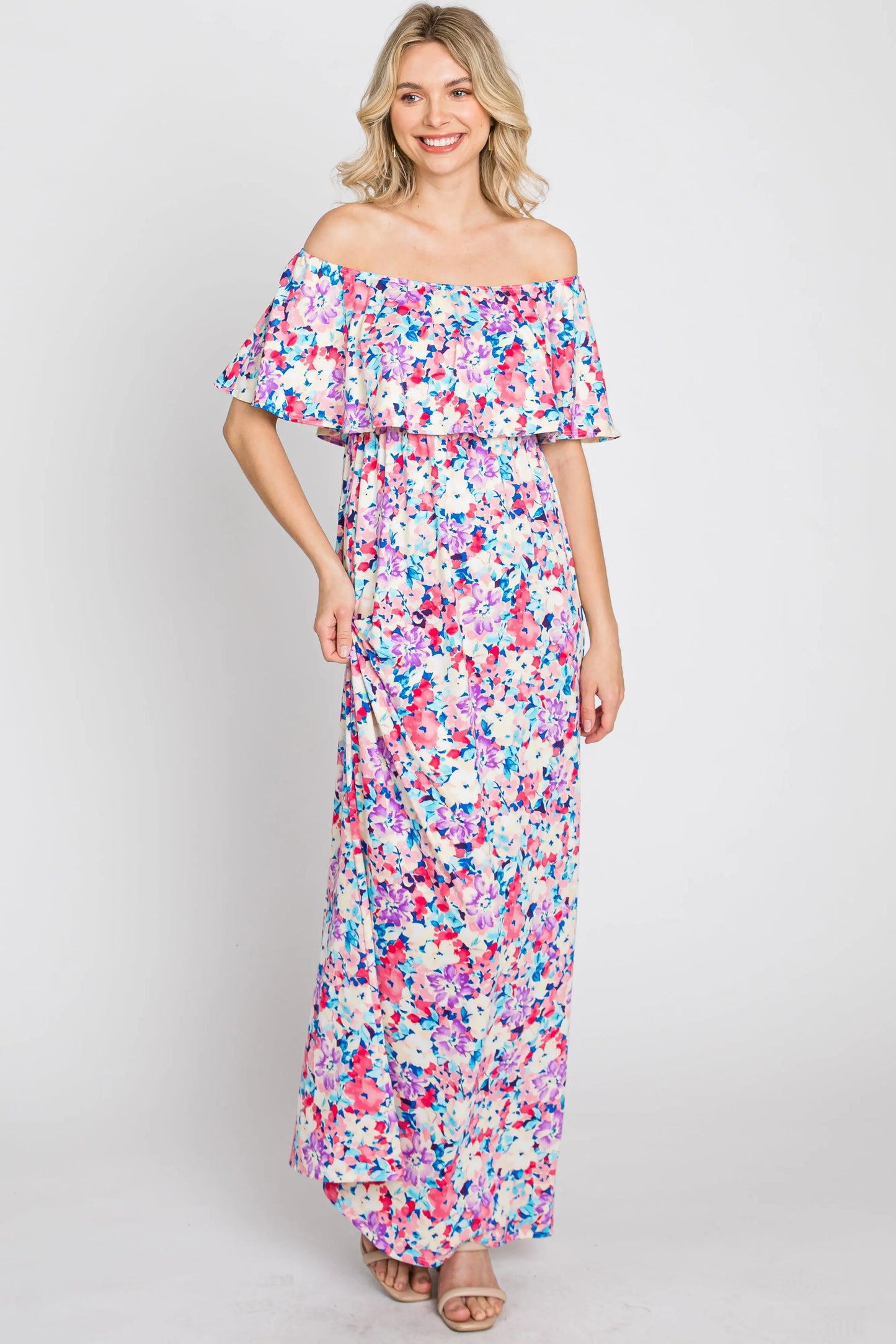 PinkBlush Elegant Pink Floral Maxi Dress with Off Shoulder Design for Women - Apparel & Accessories > Clothing > Dresses