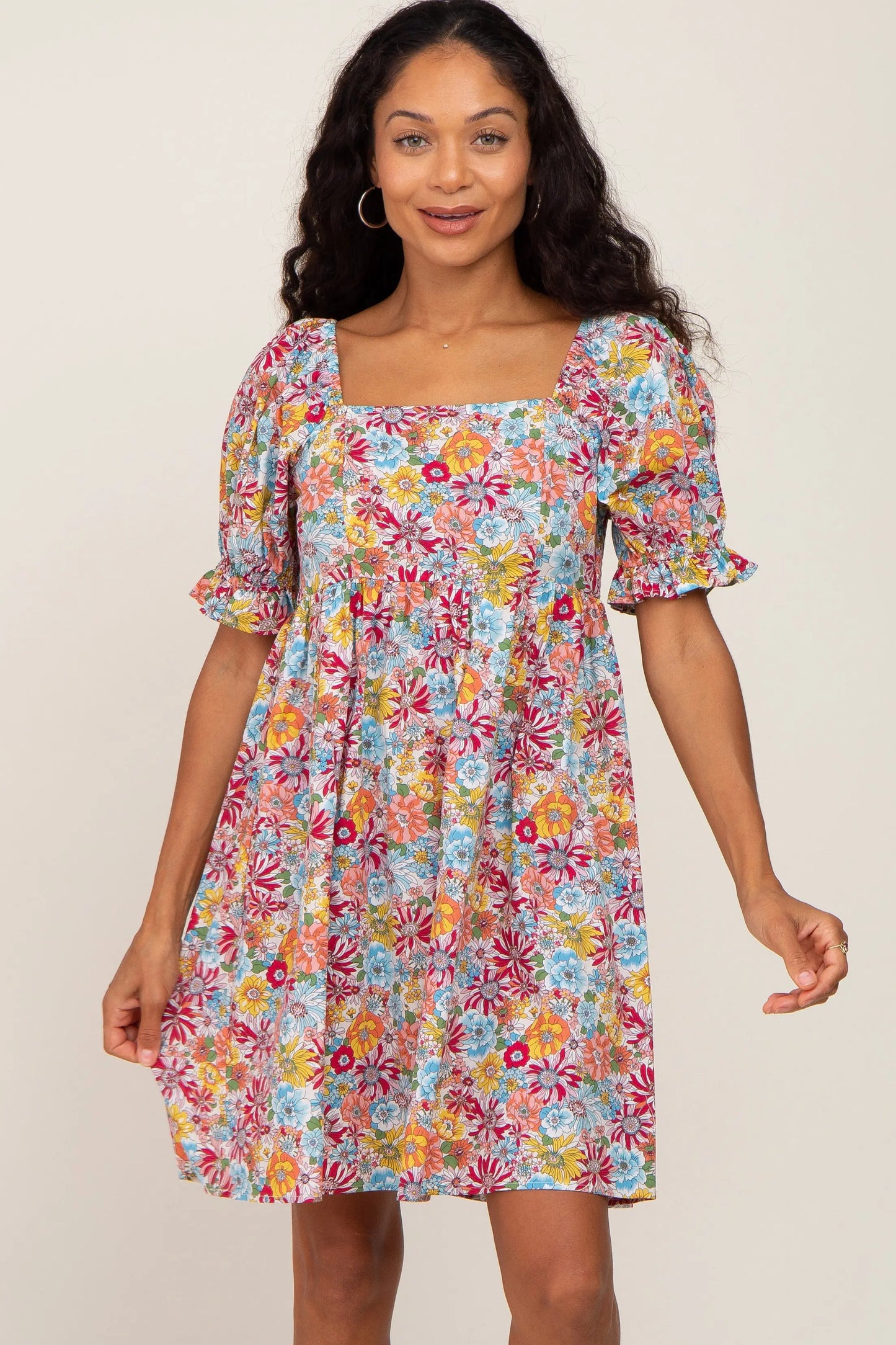 Mauve Floral Square Neck Short Puff Sleeve Dress with Ruffle Trim PinkBlush